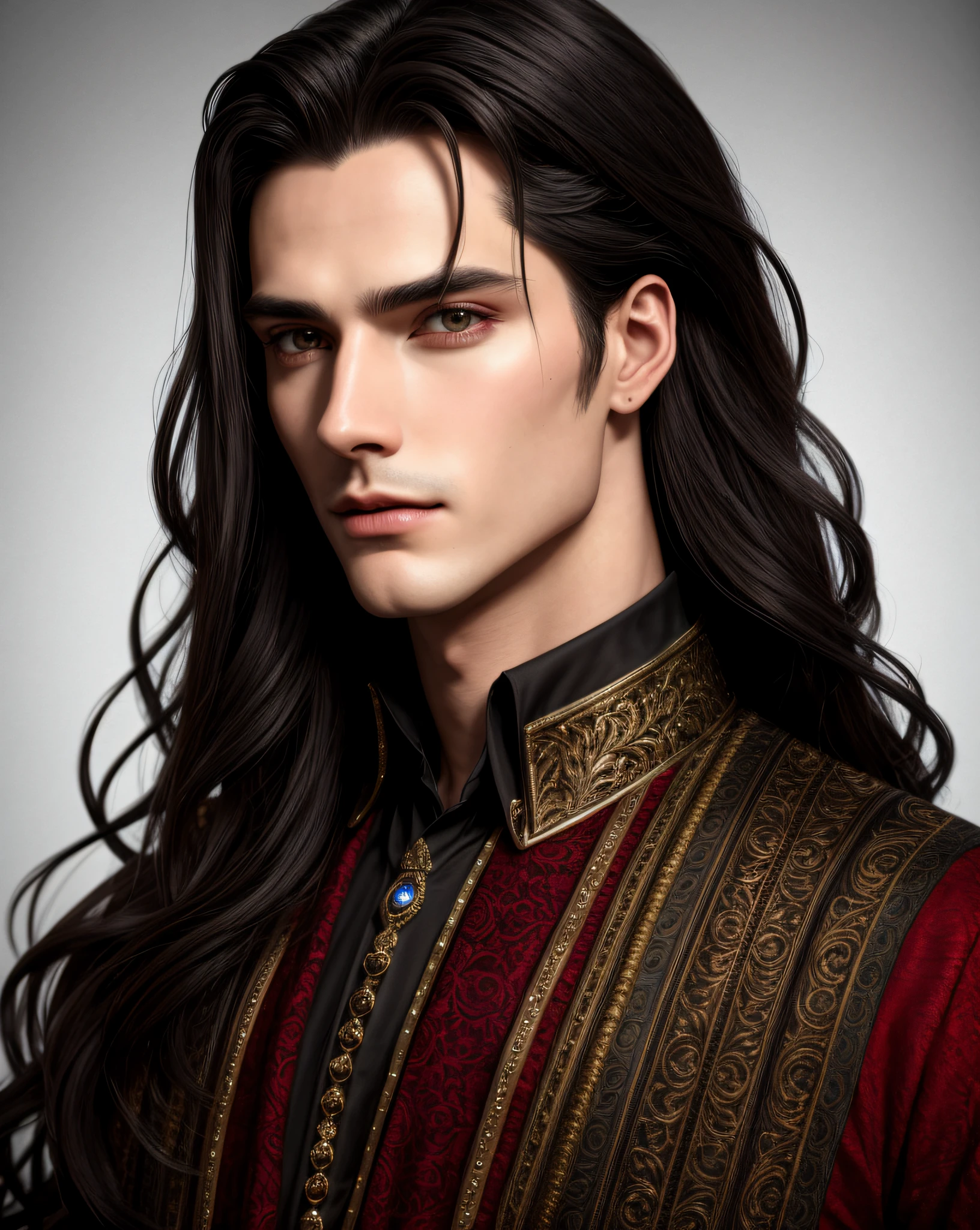 Handsome man, Handsome Vampire count male long dark hair, high cheekbones, fantasy plot, 16th century, art, illustration, cover, high quality long dark hair,  medieval interior on the background, dark fantasy, art, illustration, 8k wallpaper, Amazing, finely detail, masterpiece, official art, extremely detailed CG unity 8k wallpaper, absurdres, incredibly absurdres, ultra-detailed, extremely detailed, beautiful detailed man, extremely detailed eyes and face, beautiful detailed eyes, light on face, cinematic lighting,(best quality:1.0), (ultra highres:1.0), (detailed beautiful man:0.8)