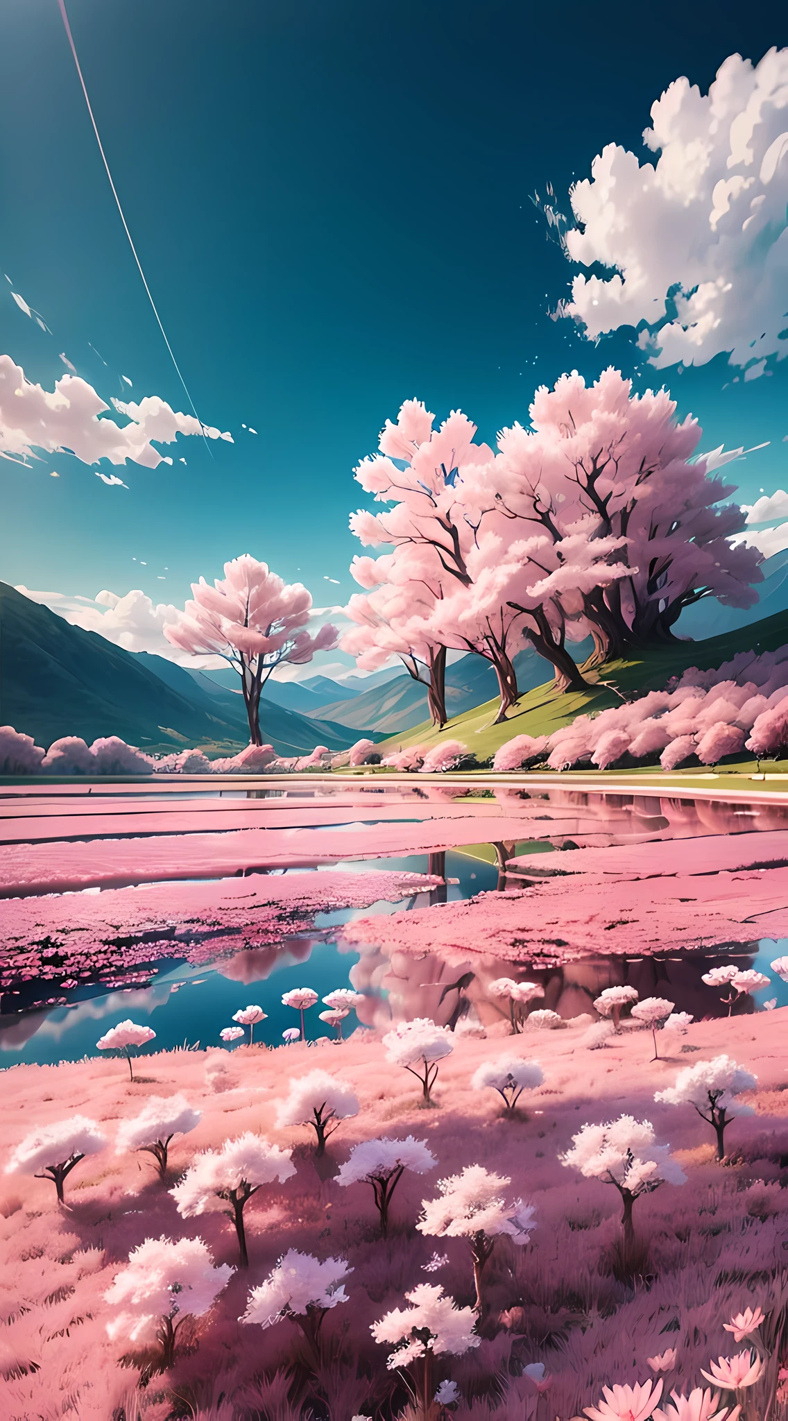 The scene is breathtaking. A lush landscape of sakuras, with its branches covered with delicate flowers in shades of pink, white and red, which extend in all directions. The wind blows gently, causing the leaves of the trees to sway and fly in the air, creating a rain effect of leaves. The petals of the sakuras are also blown away by the wind, floating like pink snowflakes in the air. In one corner of the landscape, a small lake perfectly reflects the beauty of the surrounding landscape, creating a sense of tranquility and serenity. The clear blue sky completes the perfect scene, making it even more idyllic and peaceful., Ukiyo-e, high quality, 8k, masterpiece --auto --s2