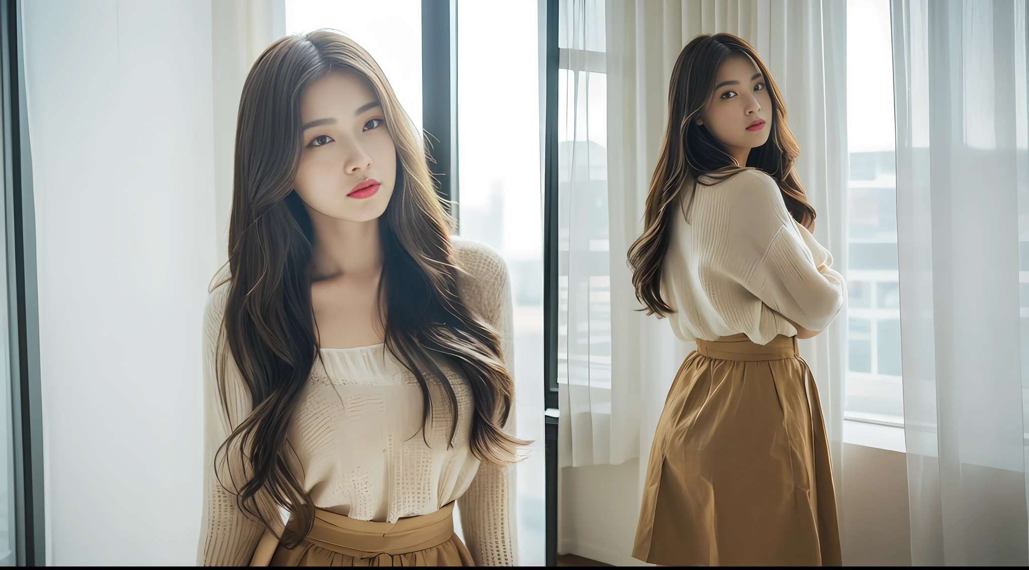(1girl:1.2), standing by large floor-to-ceiling windows, white curtains, layered curtains, woman in a fluent modal skirt, soft and delicate colors, elegant temperament, elegant intellectual feeling, high image quality, long hair, fine skin texture and cloth texture, detailed eyes, detailed long eyelashes, double eyelids, portrait photography, focal length 85 mm, aperture F1.2, God perspective, realism, contemplation,