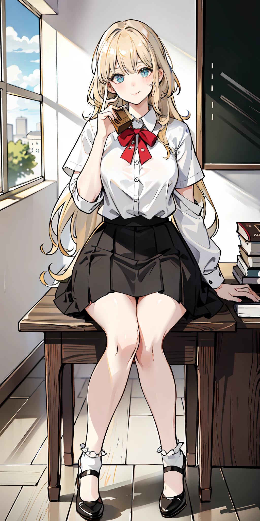 Color, (Masterpiece: 1.4), (Best Quality: 1.4), 8K, HD, Ultra HD, 1 Girl, (Big Tits: 1.4), Long Blonde Hair, White Clothes, Black Short Skirt, White Socks, Desk, Reading, Pen, Curly Hair, Blushing, (Smile with Joy), ((Hands Cover Face, Eyes Covered)), Classroom, Blackboard, ((Sitting at Desk)), ((Reading))