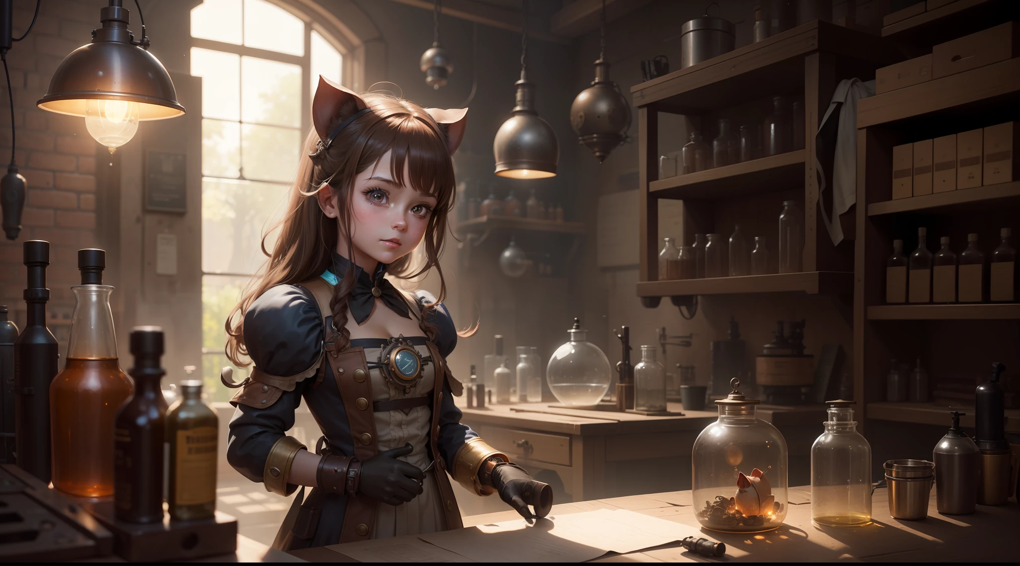 /imagine prompt: illustration of In the laboratory, a little girl with brown hair and long pig ears installed an iron ball that shone brightly ,A beautiful little girl with brown hair and long pig ears::12, There are Steampunk iron balls on the table::15, invention::10, Many miscellaneous items::13, The laboratory is full of Machine element::17, rule of thirds composition::12, ultrawide shot::13, Unreal Engine::10, beautiful lighting::10, Studio light::13, Cinematic light::15, Fantasy::12, Cinematic::12, hyper quality::8, Futuristic laboratory::13, Steampunk::12 --seed 4242345643 --s 400 --q 2 --c 40