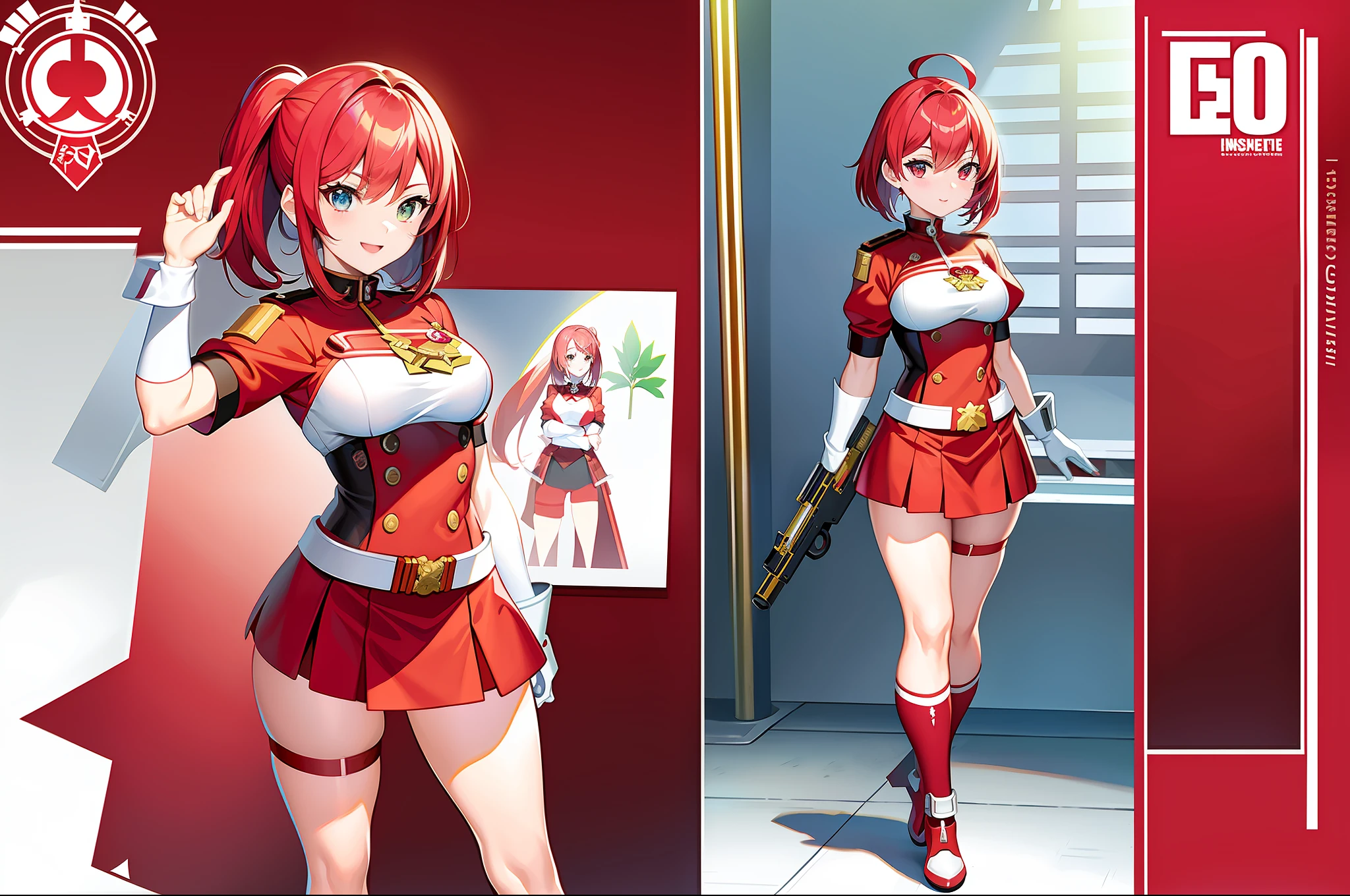masterpiece,(best quality)anime girl in a red and white uniform with a gun, cushart krenz, female protagonist 👀 :8, cushart kenz, female magical girl, sakura kinomoto, guilty gear art style, anime character design, female anime character, anime style character, katana zero video game character, sakura haruno, fullbody ( ( character concept art ) )