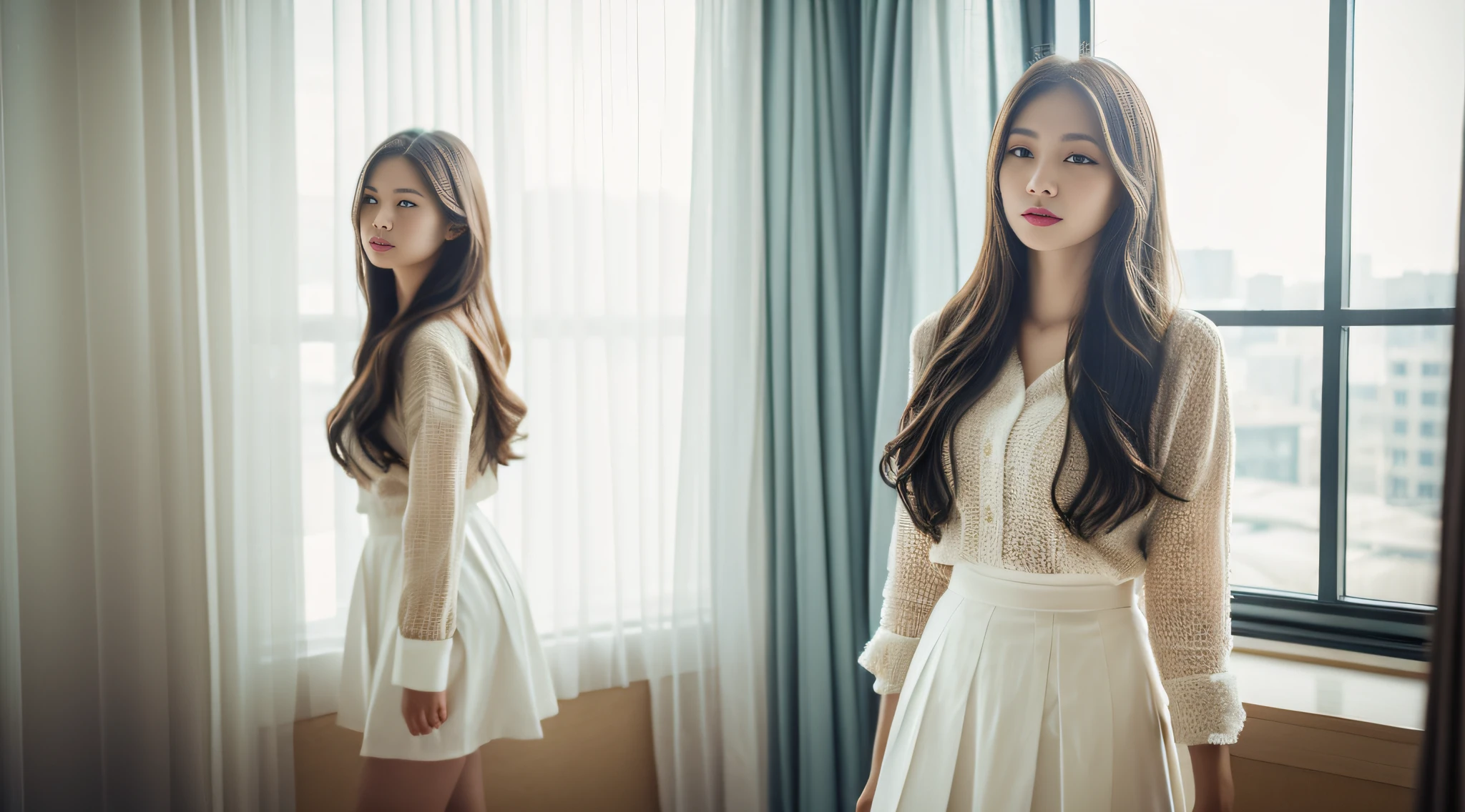 (1girl:1.2), standing by large floor-to-ceiling windows, white curtains, layered curtains, woman in a fluent modal skirt, soft and delicate colors, elegant temperament, elegant intellectual feeling, high image quality, long hair, fine skin texture and cloth texture, detailed eyes, detailed long eyelashes, double eyelids, portrait photography, focal length 85 mm, aperture F1.2, God perspective, realism, contemplation,