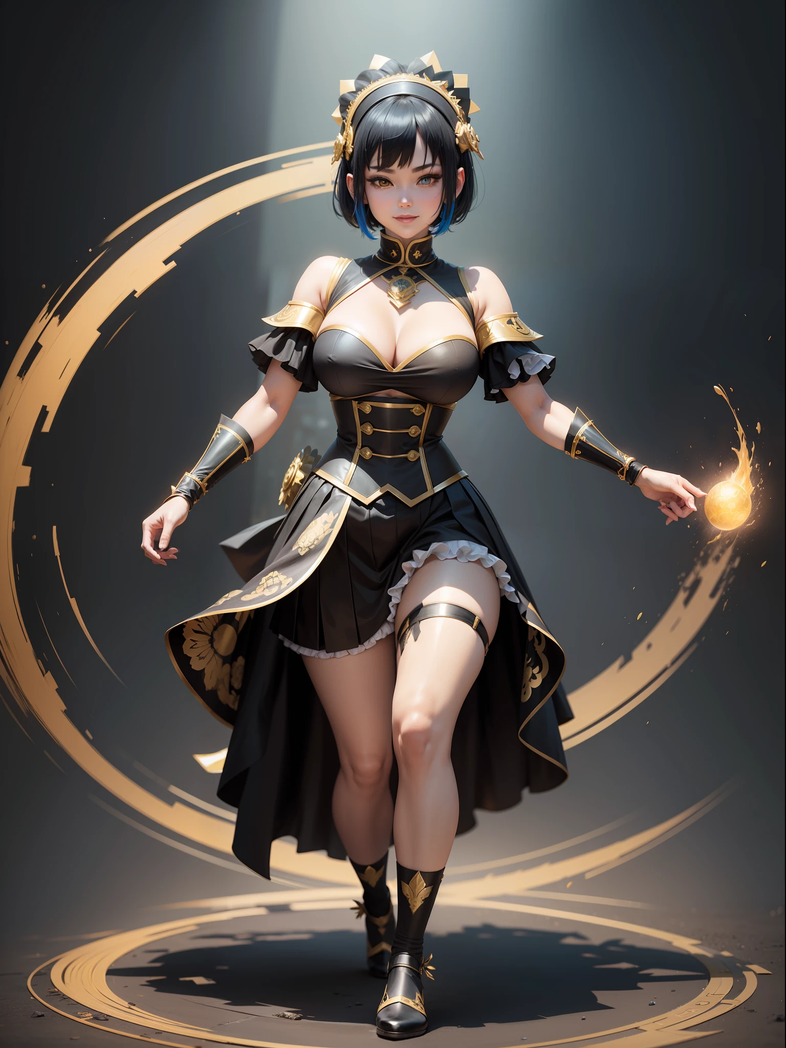 Full body photo, standing, standing on the ground, Sakura has giant breasts, (black with gold pieces/maid's outfit with skirt and socks), smile, face with red cheek, she is in an amusement park, she wears maid's headdress, has short blue hair, green eyes, closed fists, Mortal Kombat, best resolution, ultra detailed,  anime style, masterpiece, 16k, UHD, textured skin, anatomically correct, ccurate