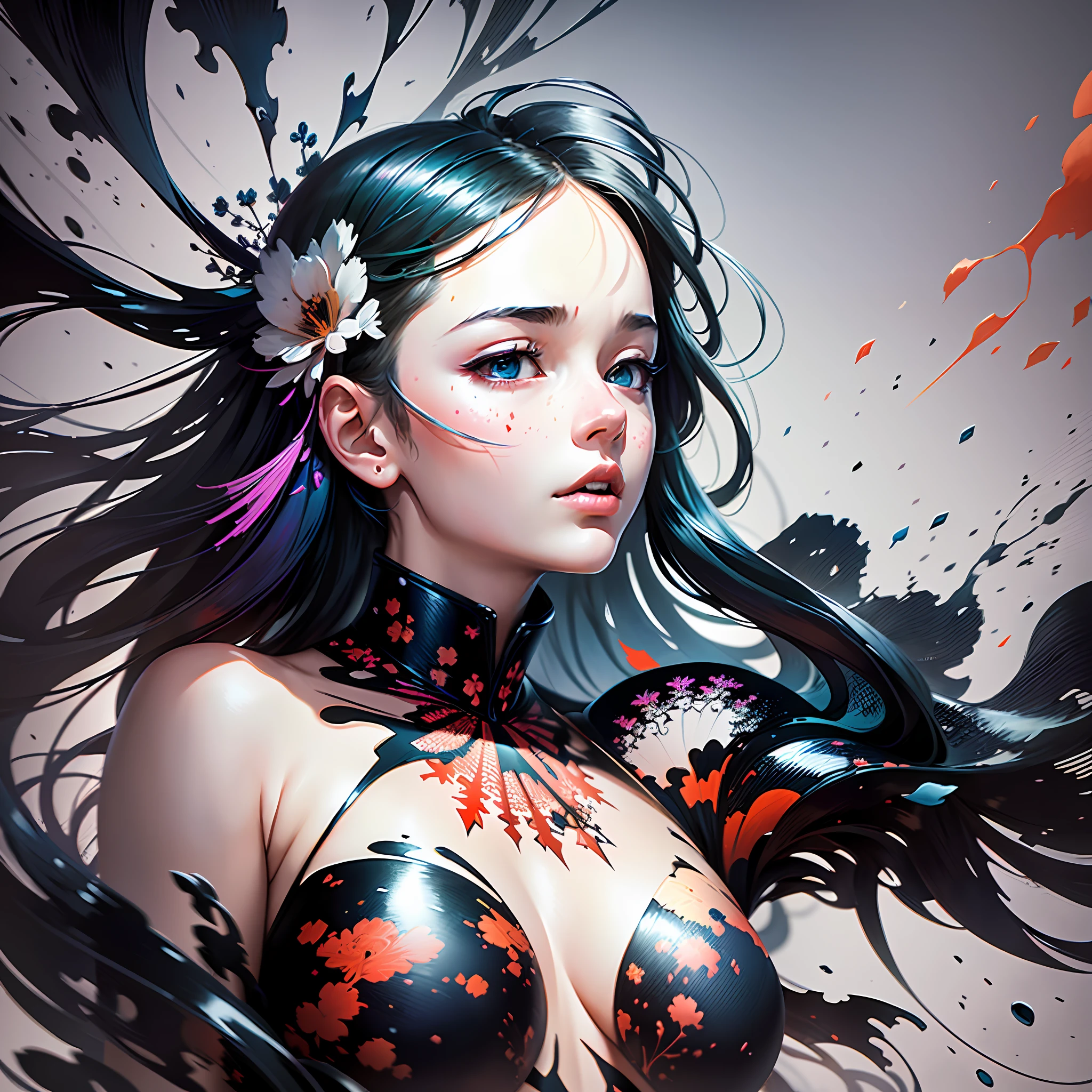 official art, unity 8k wallpaper, ultra detailed, beautiful and aesthetic, masterpiece, best quality, (fractal art:1.3) , 1girl, extremely detailed, dynamic angle, cowboyshot, the most beautiful form of chaos, elegant, a brutalist designed, vivid colours, romanticism, by james jean, roby dwi antono, ross tran, francis bacon, michal mraz, adrian ghenie, petra cortright, gerhard richter, takato yamamoto, ashley wood, atmospheric, ecstasy of musical notes, streaming musical notes visible