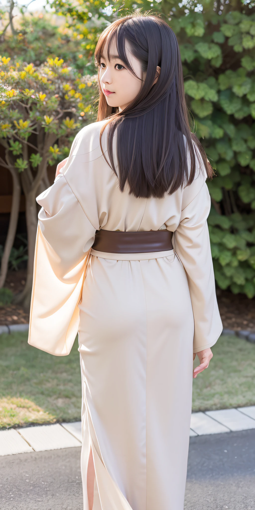 Solo, long_hair, Nanase Nishino, Haruka Kaki, Kimono, Japanese clothing, Japan tradition, Hiding hands, Hands invisible, Hands behind your back, Hands behind your back, (8K, RAW photography, Best quality, Masterpiece: 1.2), (Realistic, Photorealistic: 1.37), Professional Lighting, Photon mapping, Physically Based Rendering