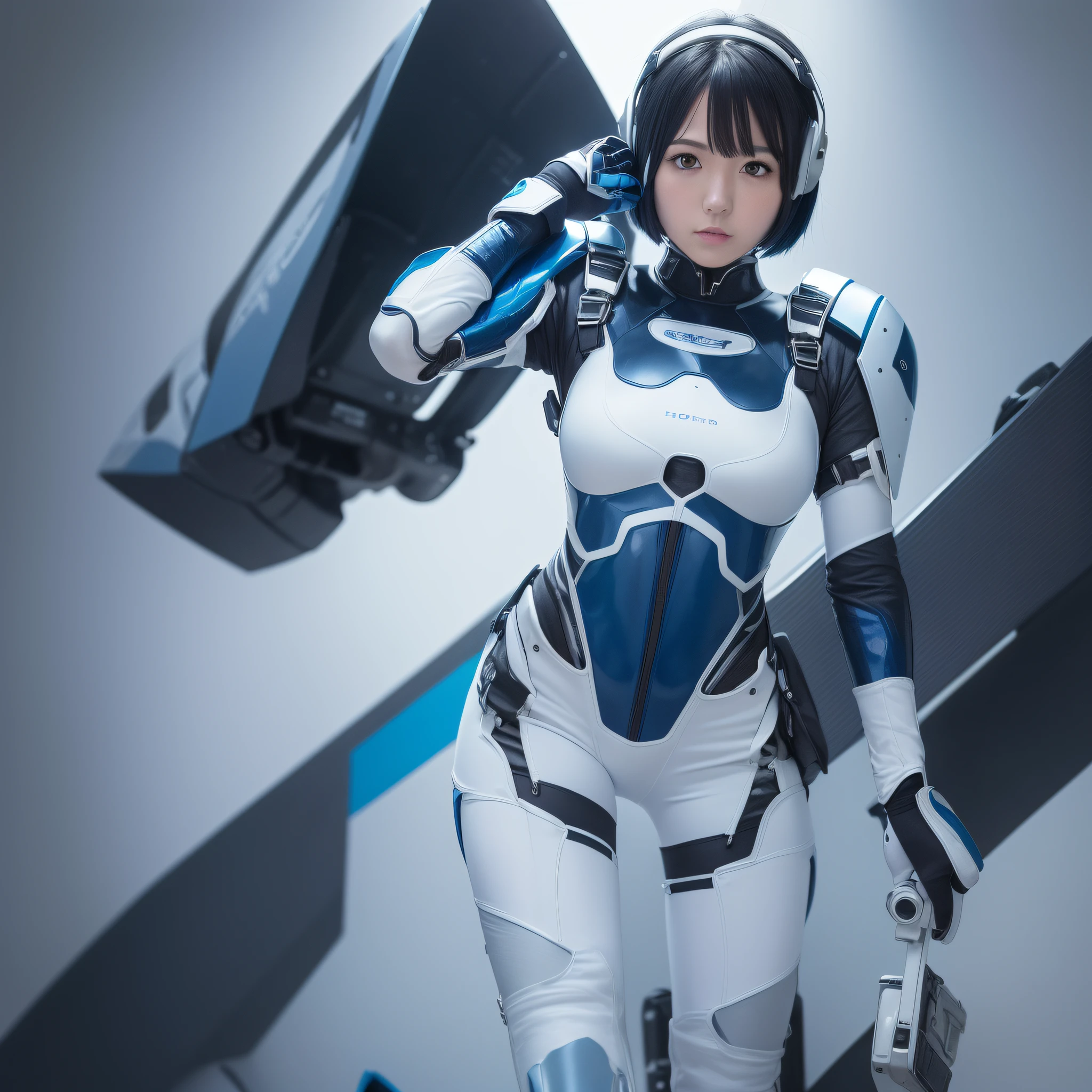 (masterpiece, highest quality, highest resolution, distinct_image, detailed details): (Solo, lone girl, face is Japan, blue-haired girl, short hair, full body figure, sideways, small size breasts, sparkling blue colored eyes, pilot suit in metallic tone white and blue, black color pilot suit, tight fit clothes, clothes covering the whole body, beauty, slim body, exoskeleton, sexy pose, White and blue and black metal armor, boots, heroines, arm-length gloves, headset)