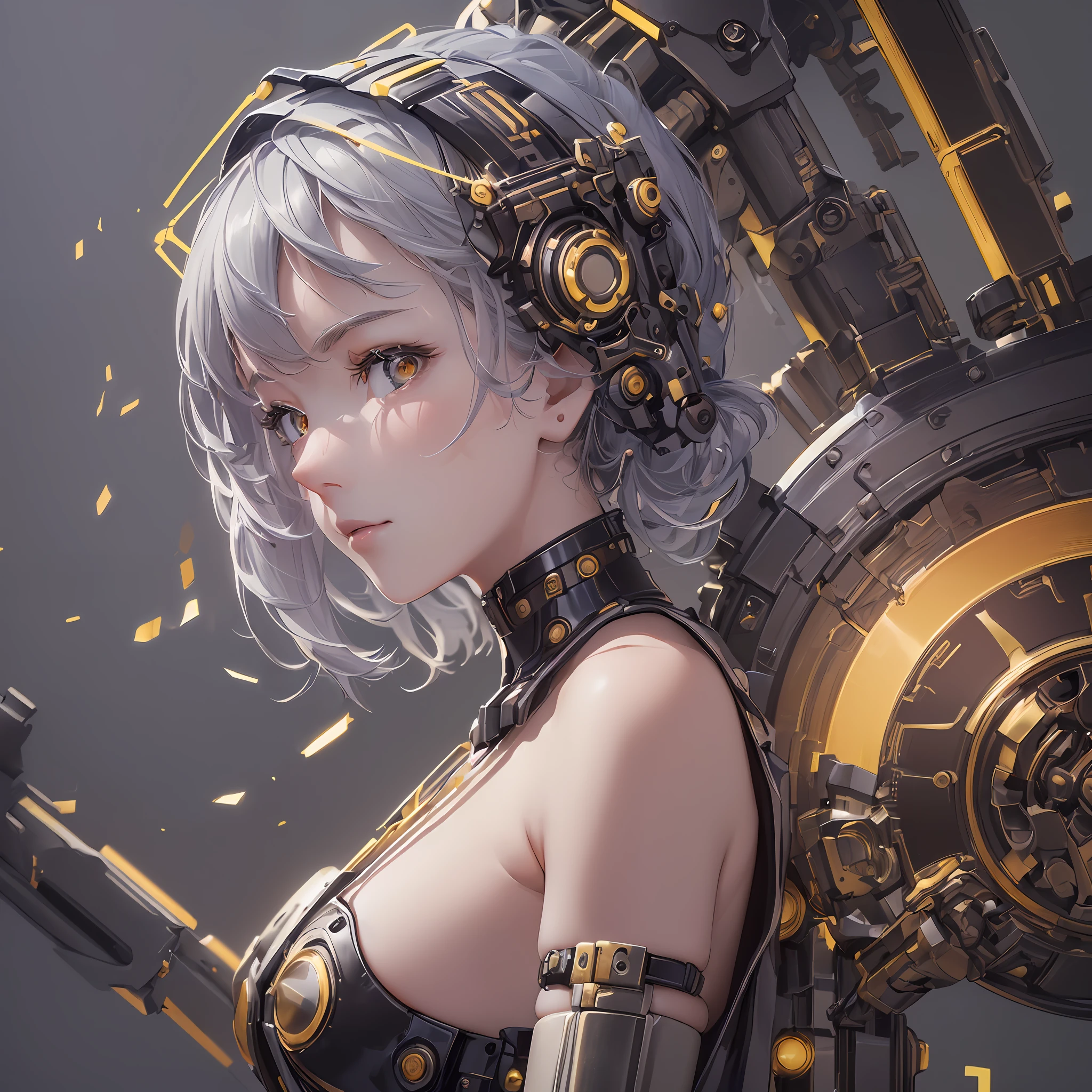 (1girl:1.1), (with mechanical arms:1.2), (body+with mechanical parts:1.2), (masterpiece:1.4) 0.8], (lighting+soft+cinematic+linear+indirect:1.4), (extremely detailed CG scenario 8k workshop:1.2), (she is connected to tubes around her:1.3), her gaze (yellow:0.6), looking at the viewer, in a portrait format, focusing on her beautiful face.