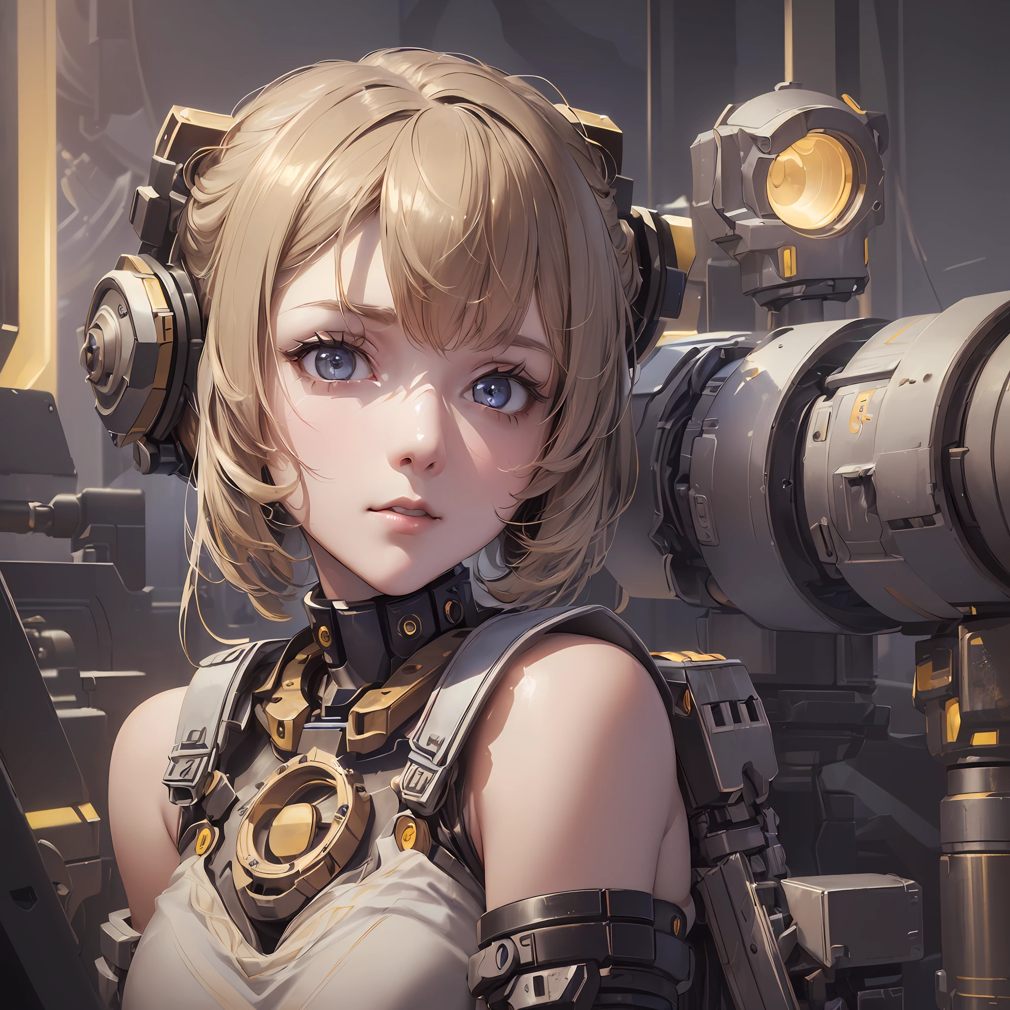 (1girl:1.1), (with mechanical arms:1.2), (body+with mechanical parts:1.2), (masterpiece:1.4) 0.8], (lighting+soft+cinematic+linear+indirect:1.4), (extremely detailed CG scenario 8k workshop:1.2), (she is connected to tubes around her:1.3), her gaze (yellow:0.6), looking at the viewer, in a portrait format, focusing on her beautiful face.