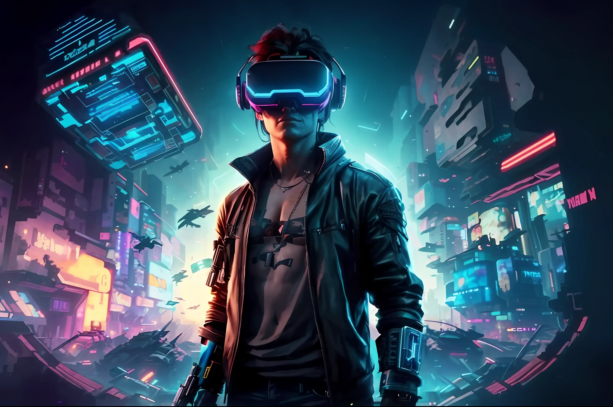 A portrait of a barbarian man like the Conan in black jacket and glasses stands in front of a futuristic city, VR game, cyberpunk vibe, cyberpunk vibes, cyberpunk vibes, deeper into the metaverse we go, has cyberpunk style, cyberpunk theme, in cyber punk 2077, futuristic cyberpunk, cyberpunk future, synthwave, wearing cyberpunk streetwear, futuristic cyberpunk, cyberpunk tech, retro cyberpunk, synthwave style