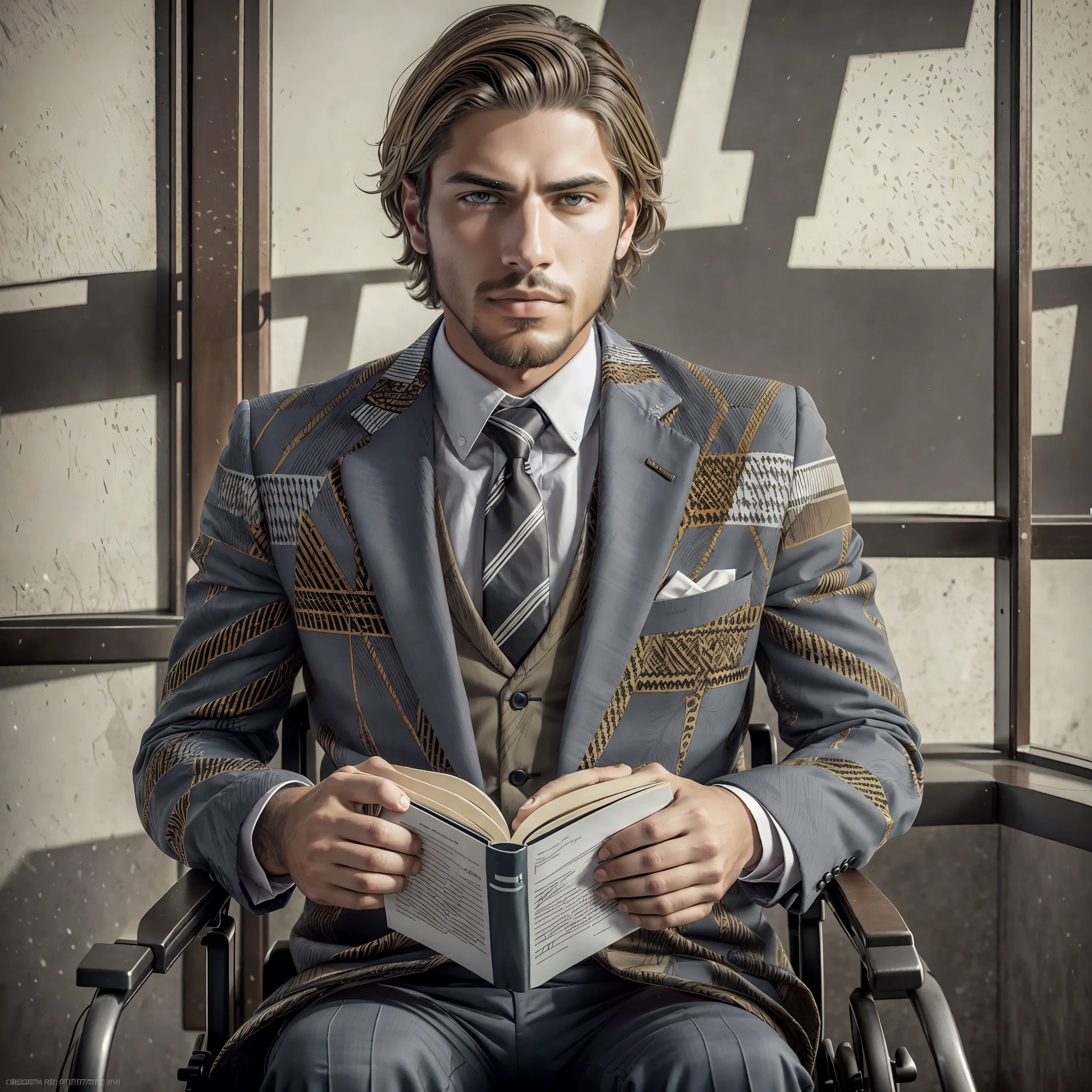 Young Brazilian man with a well-made beard dressed in a suit and tie, Strong in a wheelchair with a book in his hands| centered| visual key | intricate | highly detailed| breathtaking beauty| Precise Lineart| vibrant| Comprehensive Cinematic| Meat Griffiths| Conrad Roset, soft natural lighting, portrait photography, magical photography, dramatic lighting, photographic realism, ultra-detailed, intimate portrait composition, Leica 50mm, f22.0, by greg rutkowski --auto --s2