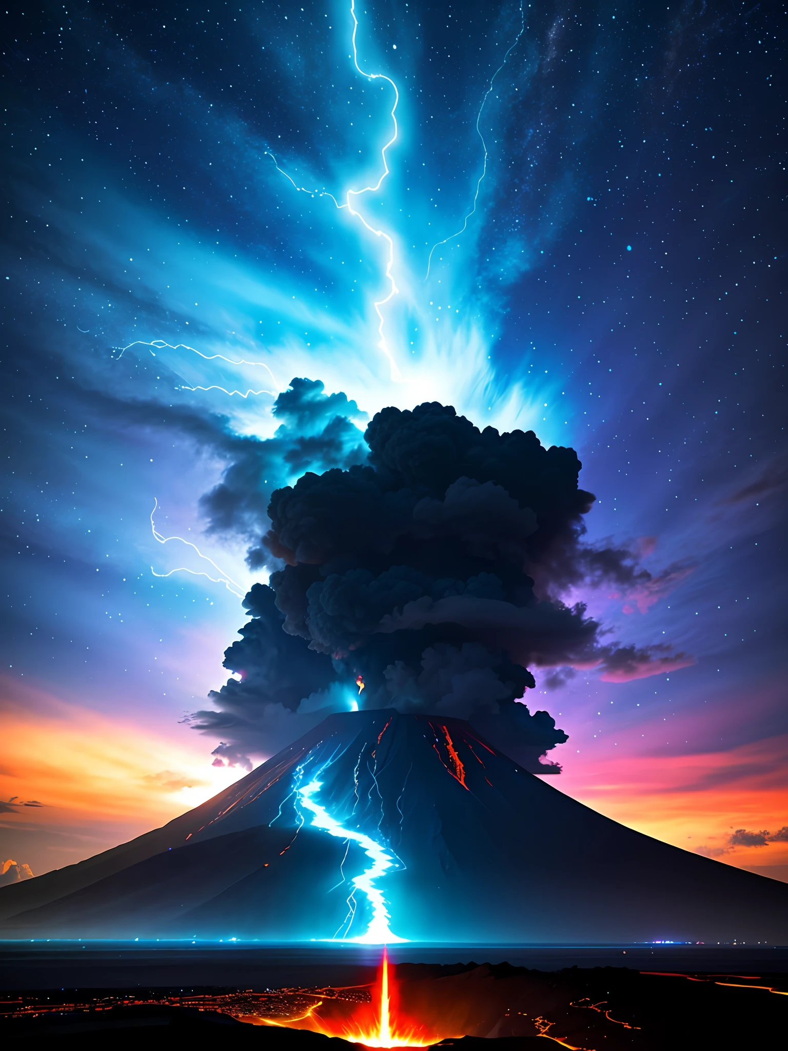 dramatic sky, blue lightning Style: masterpiece, best quality, 8k, sharp focus, realistic, ((Detailed)), ((Dynamic pose)), ((Good Highlights)), (Perfect Proportions), (dynamic), (intricate), (complimentary colors), good perspective, (Professional), (Award winning)
ADDCOMM
volcanic island background
Red flame, soft particles, explosion
BREAK
green flame, soft particles, explosion
BREAK
blue  flame, soft particles, explosion
volcanic island background