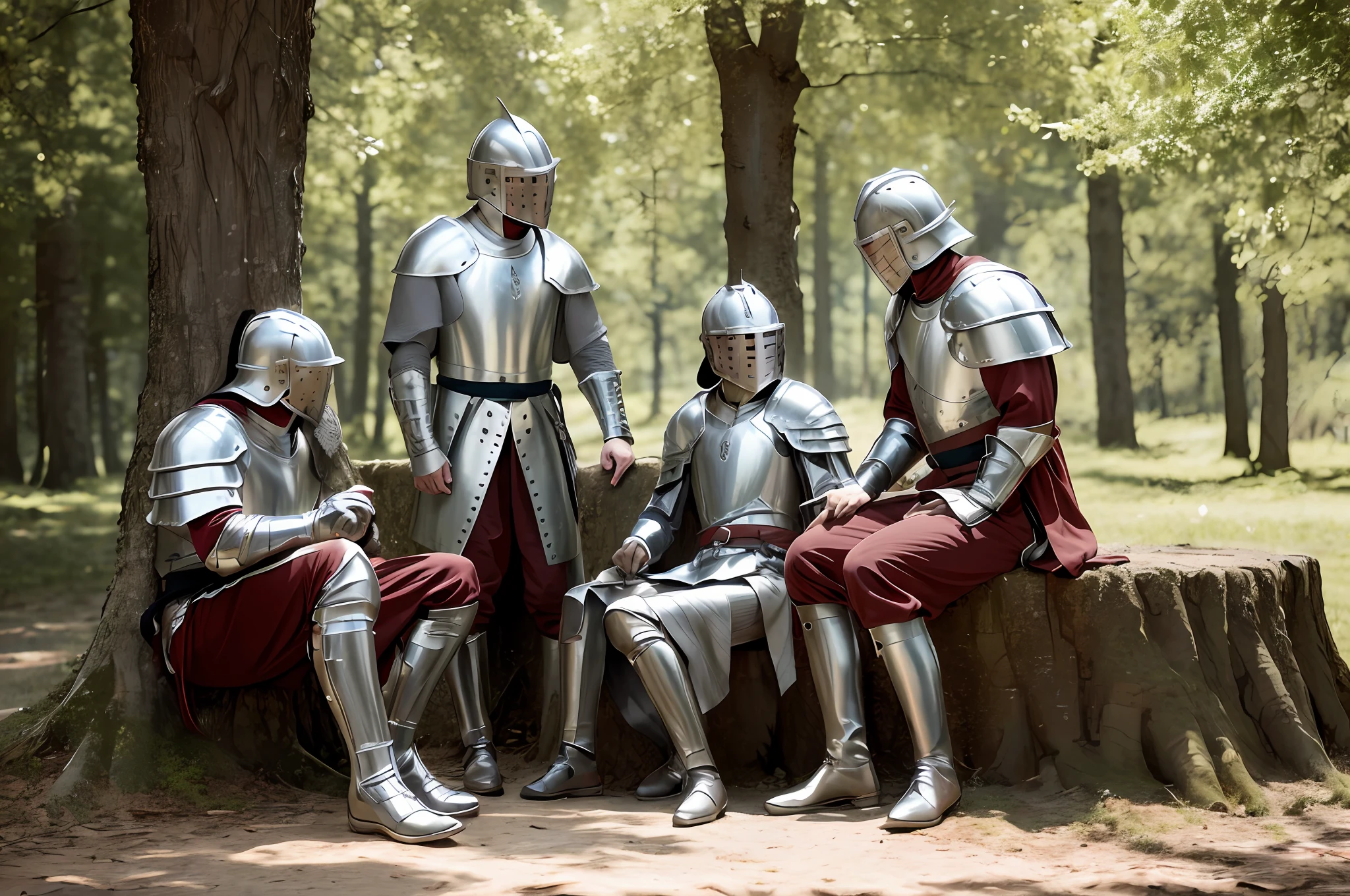 Medieval knights leaning against trees and sitting Knights in light armor 8K ultra-high resolution Silver-gray armor with rust and battle damage that is difficult to remove Incredible details Empty-handed knights with their hands on their legs One of the knights has a white cloak and sits on a tree stump Two knights wiping off equipment Hands with clear details Cinematic quality