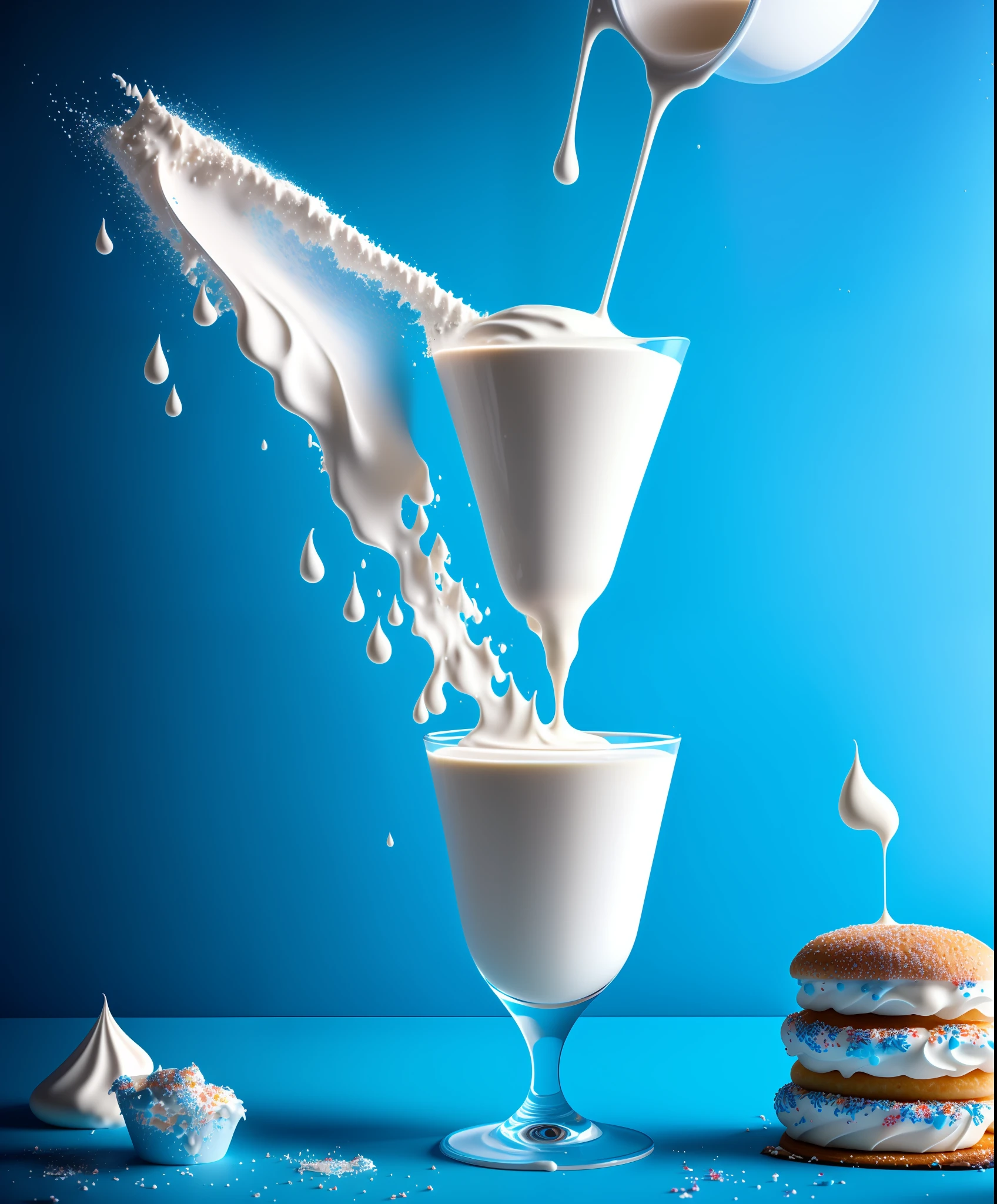 Exploding milk shakes, food splatter and icing, 8 k, photorealistic, intricate, elegant, hypermaximalist, blue