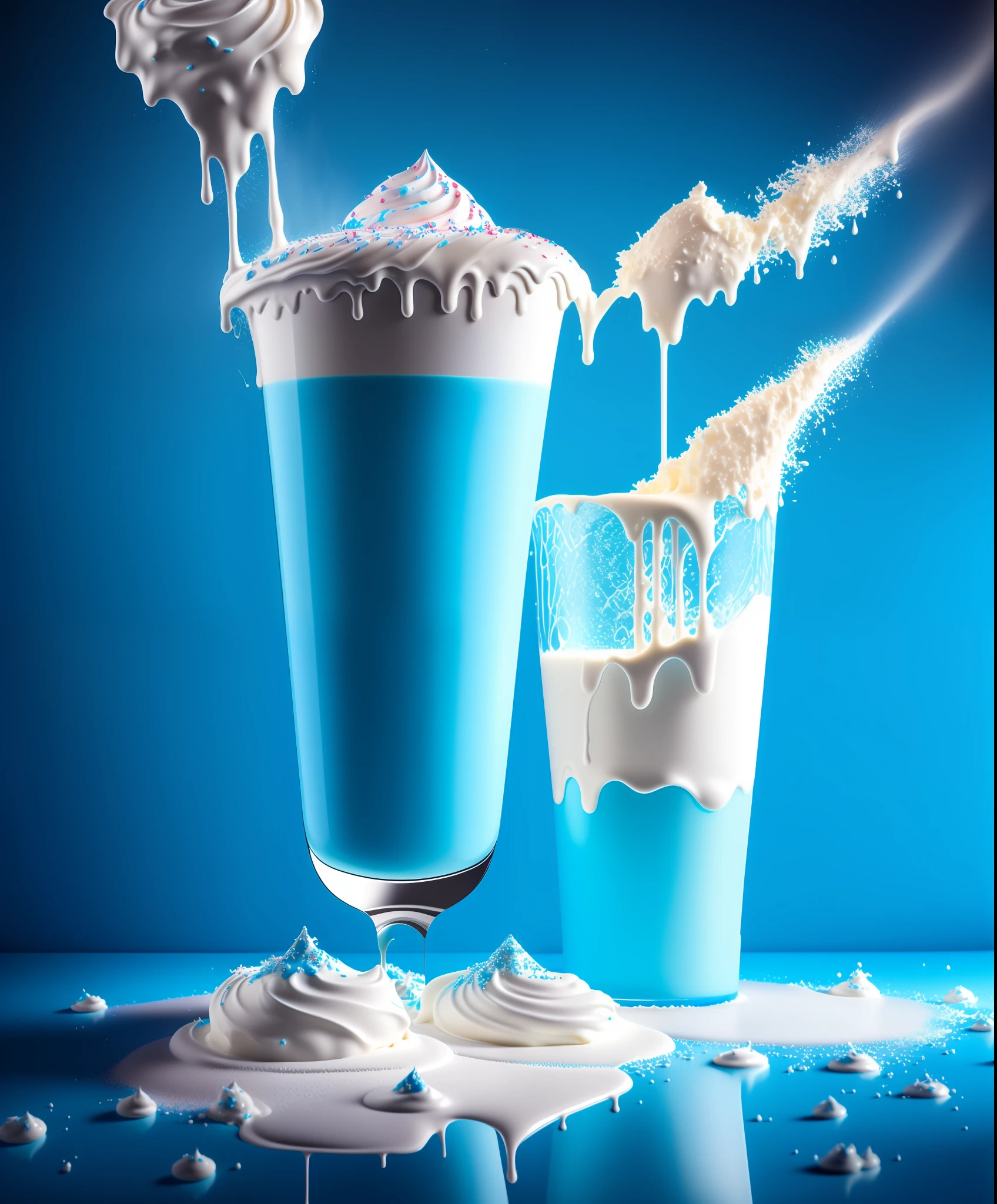Exploding milk shakes, food splatter and icing, 8 k, photorealistic, intricate, elegant, hypermaximalist, blue
