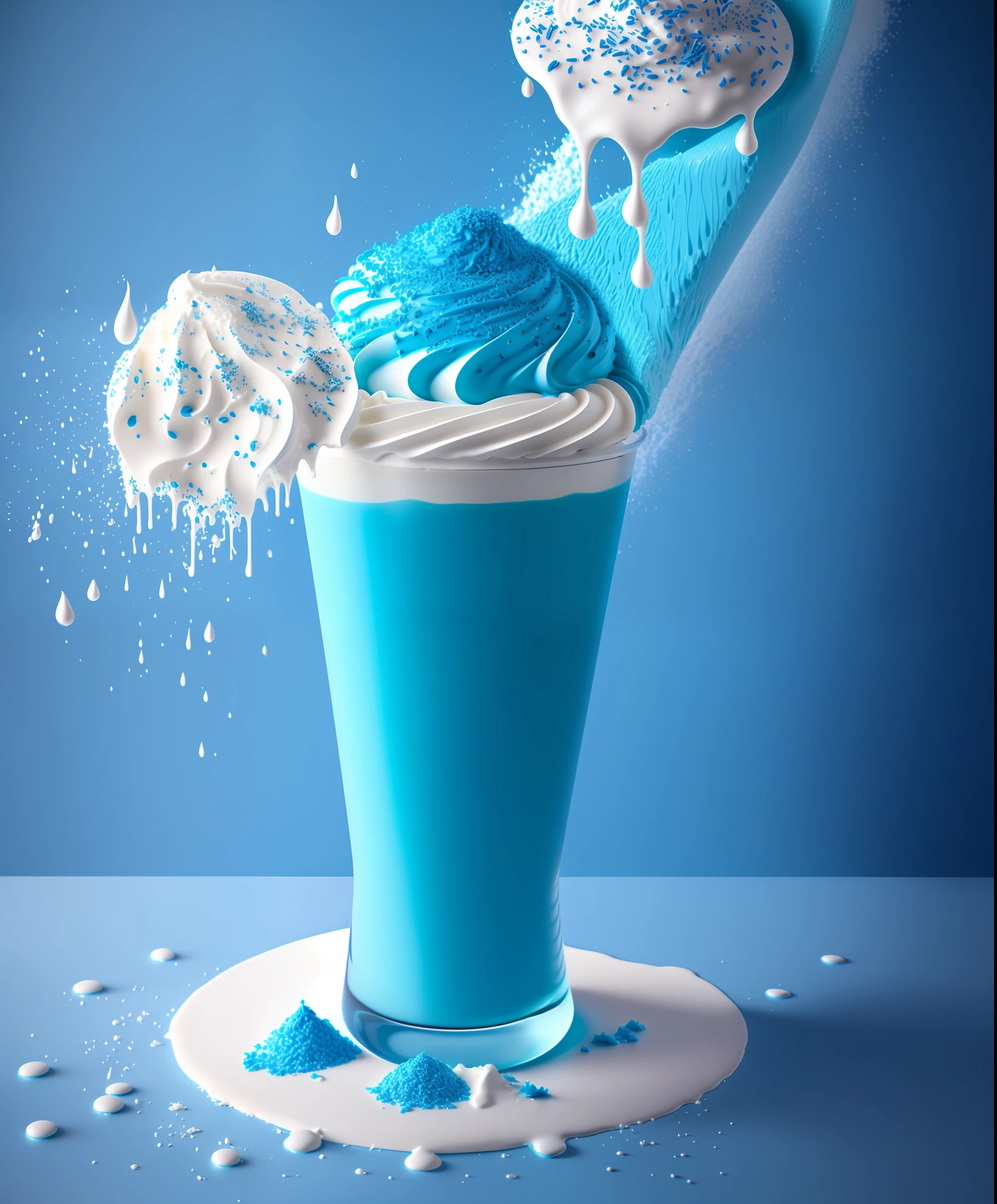 Exploding milk shakes, food splatter and icing, 8 k, photorealistic, intricate, elegant, hypermaximalist, blue