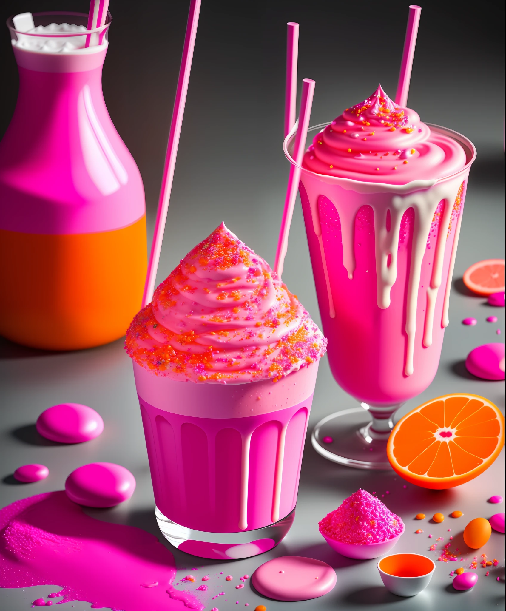 Exploding milk shakes, food splatter and icing, 8 k, photorealistic, intricate, elegant, hypermaximalist, pink, orange