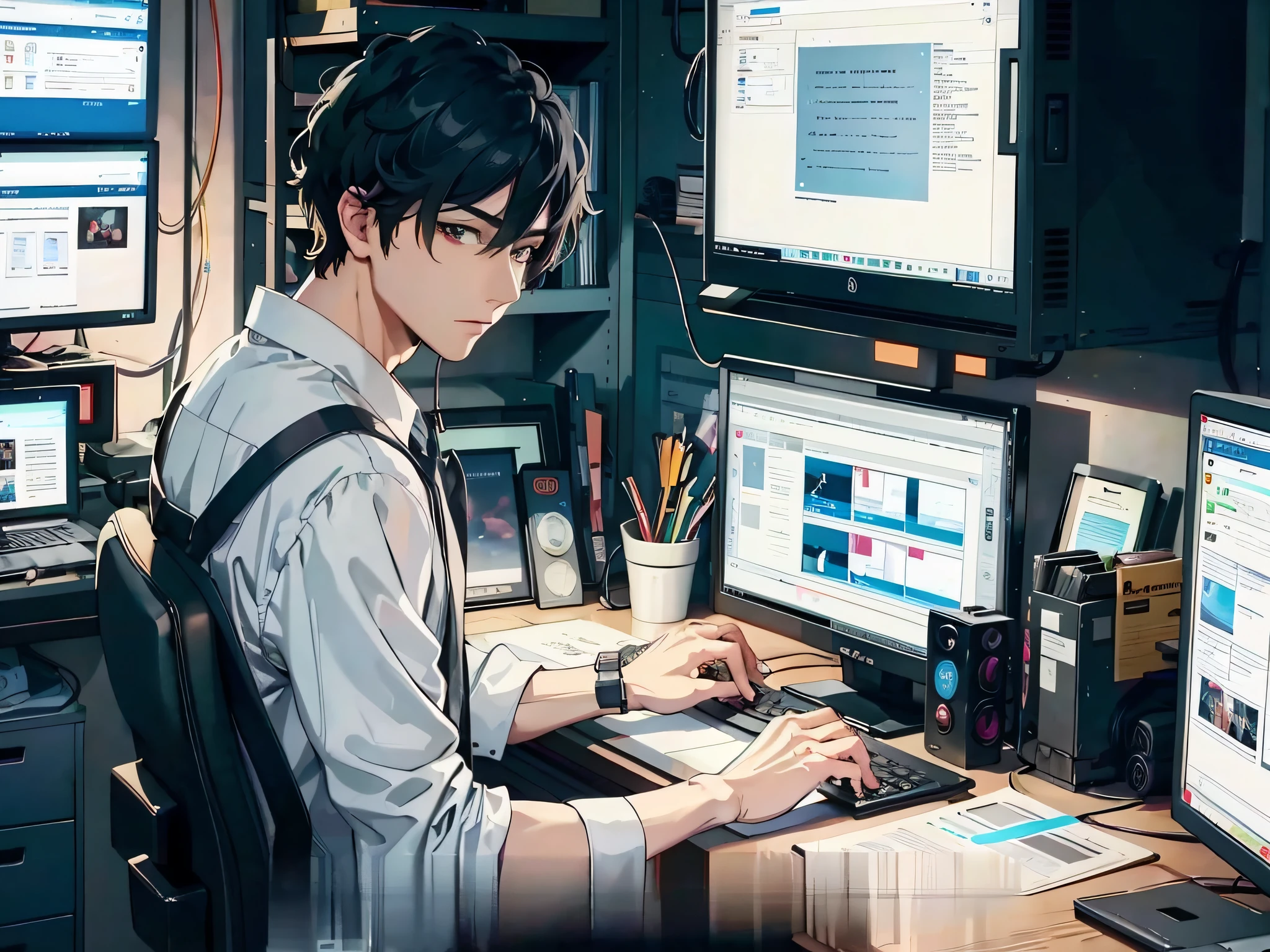 anime guy sitting at a desk with a laptop and a monitor, high quality anime artstyle, digital anime illustration, modern anime style, 4k anime wallpaper, anime artstyle, anime style 4 k, detailed digital anime art, handsome anime pose, digital anime art, anime art wallpaper 4k, young anime man, anime art wallpaper 4 k, anime styled digital art