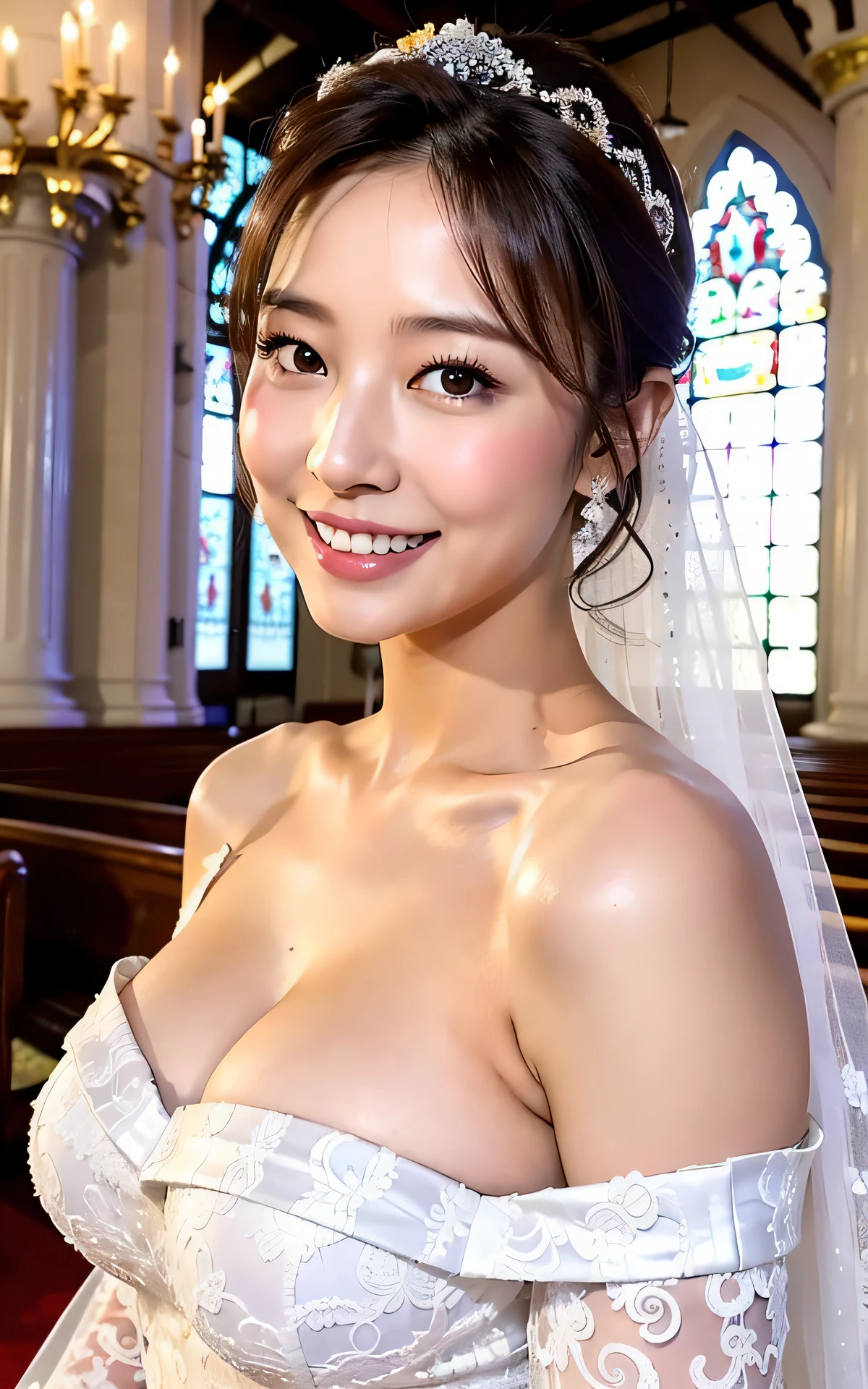 (Best quality, 8k, 32k, Masterpiece, UHD:1.2),Photo of Pretty Japanese woman,1girl,(medium-short dark brown hair),double eyelid,(large breasts:1.2),sexy,((in the church)),((wedding dress, wedding veil),off shoulder,(deep slit:1.2),(sideboob),(smile:1.1),overhead shot