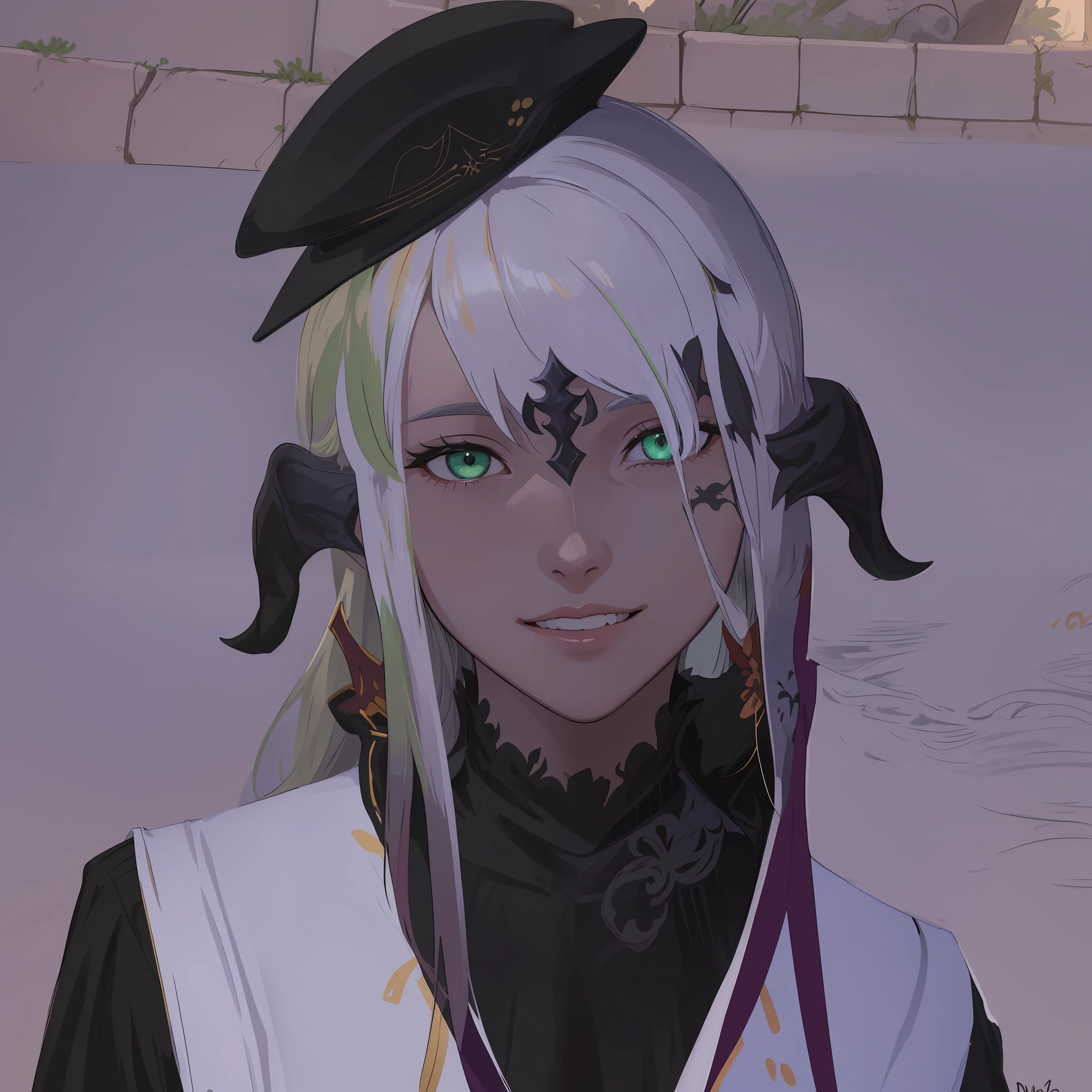 (Masterpiece: 1.2, Best Quality), (Fine Beautiful Eyes: 1.2), (Very Detailed CG Unity 8k wallpaper, Masterpiece, Best Quality, Ultra Detail, Best Shadow), (Detailed Background), (Beautiful Detail Face, Beautiful Detail Eyes), High Contrast, (Best Lighting, Extremely Delicate and Beautiful), 1girl, (Colored paint splashed on transparent background, Dulux,)), Dynamic angle, Beautiful details glowing with light, Full body, Cowboy lens, gray hair, There is a woman with a hat and long hair, a character portrait inspired by Ren Renfa, Tumbler, Final Fantasy 14 style, converted on PXIV, FFXIV, he has dark gray hair, NPC with a saint's halo, close-up portrait of a mage, close-up of a character, Final Fantasy 14 Sharp, smile, green hair, portrait, looking into camera, Squint, Anime eyes, black silk, V-neckline, green eyes, smile, teeth, thumbs up, black gloves, green eyes, Lace edges