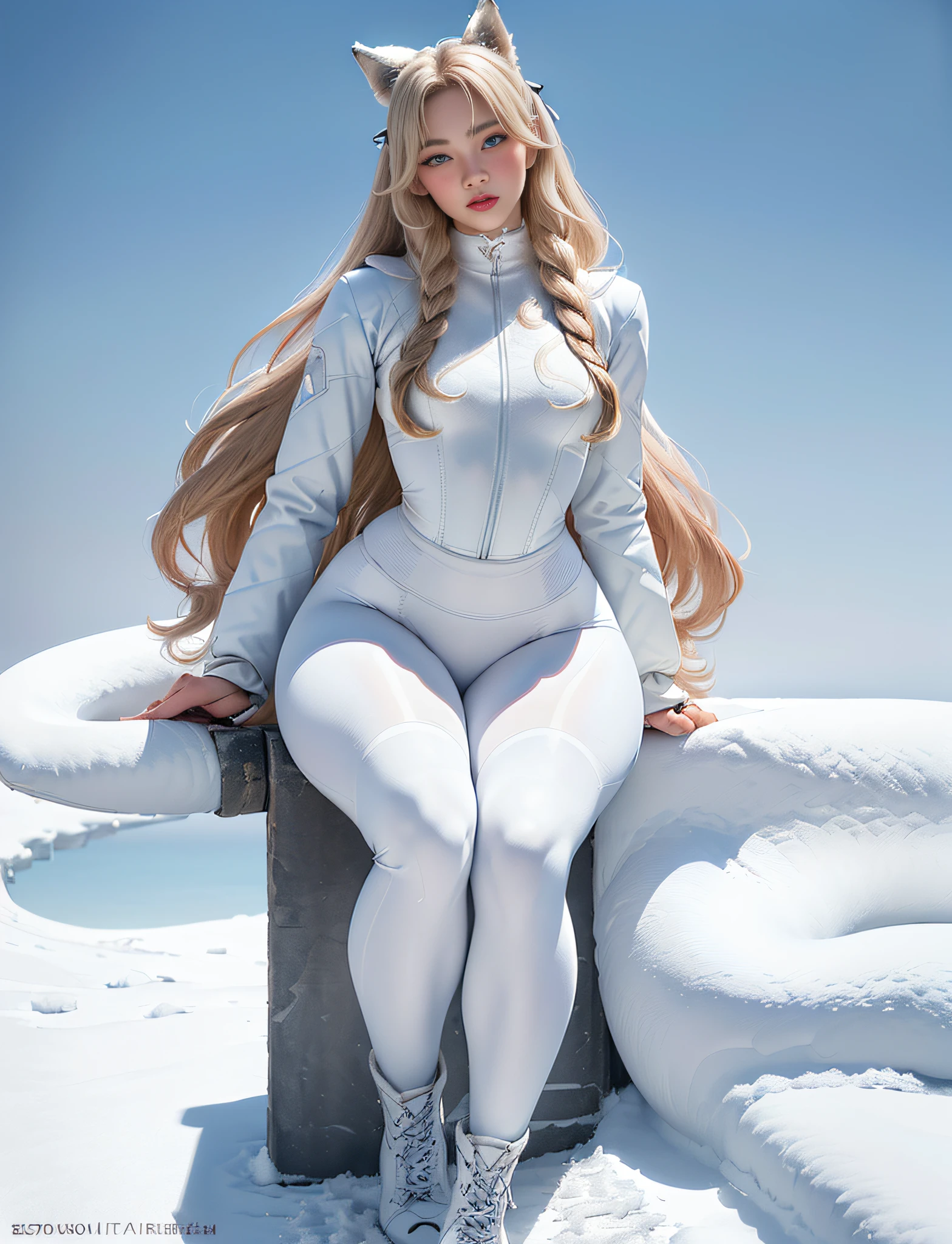 ((very detailed RAW color photo)), (((1 girl))), (((alone))), (((30 years))), ((athletic)), ((very defined toned physique)), ((very defined and beautiful muscular body)), (((very detailed perfect body))), (((small and defined breasts))), (((ultra defined curves))), (((superior quality, 8k, masterpiece: 1.3)), sharp focus: 1.2, (((extremely beautiful girl with perfect figure: 1.4))), ((very thin waist: 1.2)), ultra detailed skin texture, ((perfect and beautiful hands)), ((smooth and soft skin)), (ultra detailed fabric texture), extremely beautiful face ultra detailed, (((extremely beautiful))), ultra detailed, (((girl wearing a white snow jacket and tight snow leggings with very modern hiking boots))), (((the suit is white and modern))), (((extremely long curly blonde hair))), extremely beautiful, (((extra long ponytail with bangs))), ((very detailed and beautiful wolf ears)), (hair on the face), ((hair ribbon)), dynamic pose, ((uniform leaves thighs exposed)), ((ultra detailed and toned legs)), (((ultra detailed waist))), (((very wide hips))), (((very thick and toned thighs))), (sexy), (((extreme hourglass figure))), (((very thick heart lips))), (((red lipstick)), ((ultra detailed lips)), ((ultra detailed blue eyes)), ((angry look)), (((staring at the viewer))), ultra detailed provocative mouth, extremely beautiful seductive lips, ((blushing)), (makeup), (((ultra defined waist))), eye shadow, (full body shot), with an ice field in the background, snowing