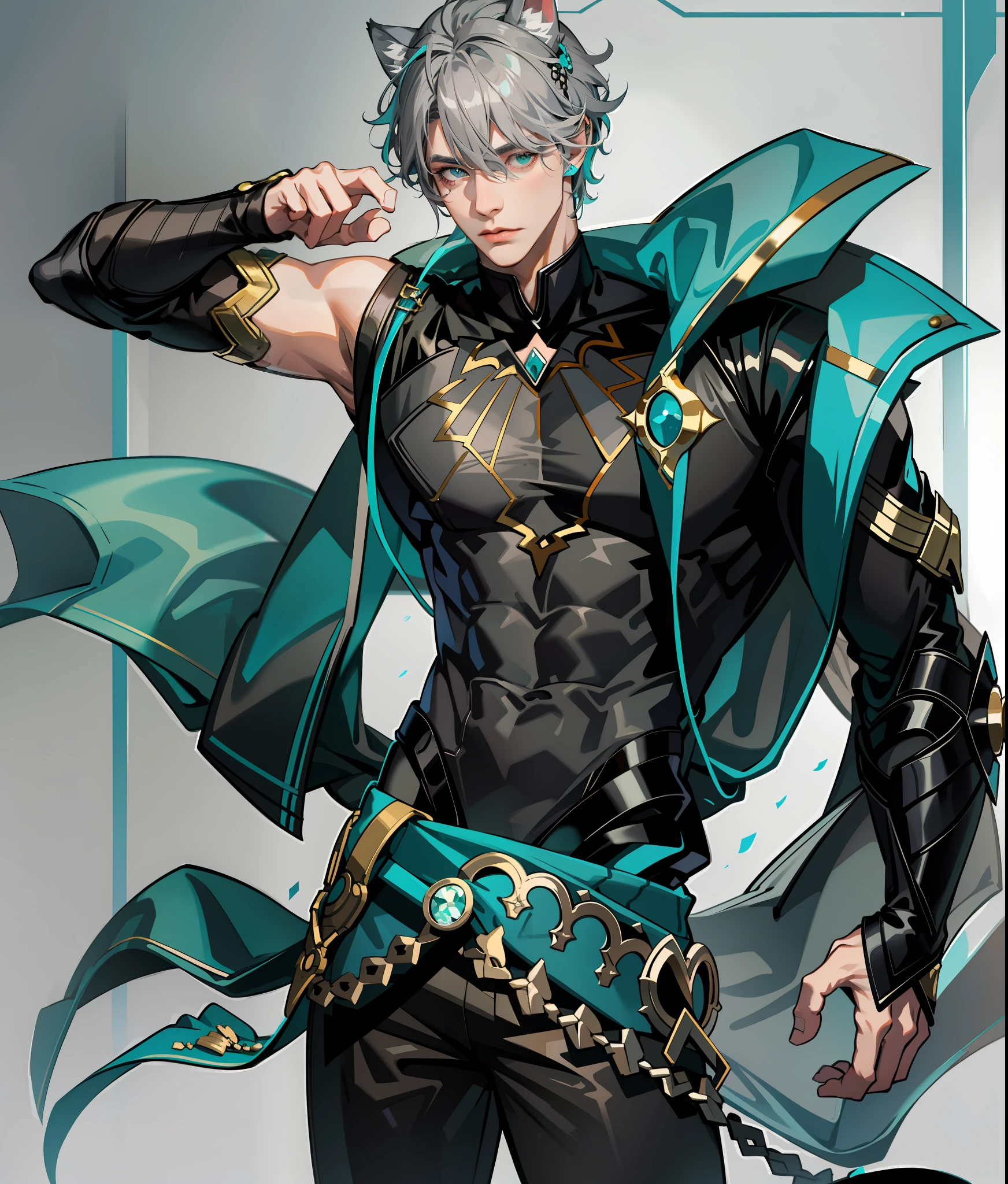 best quality, masterpiece, highres, 1boy,male,solo, mature male, grey hair, teal eyes, grey cat ears, man with animal ears