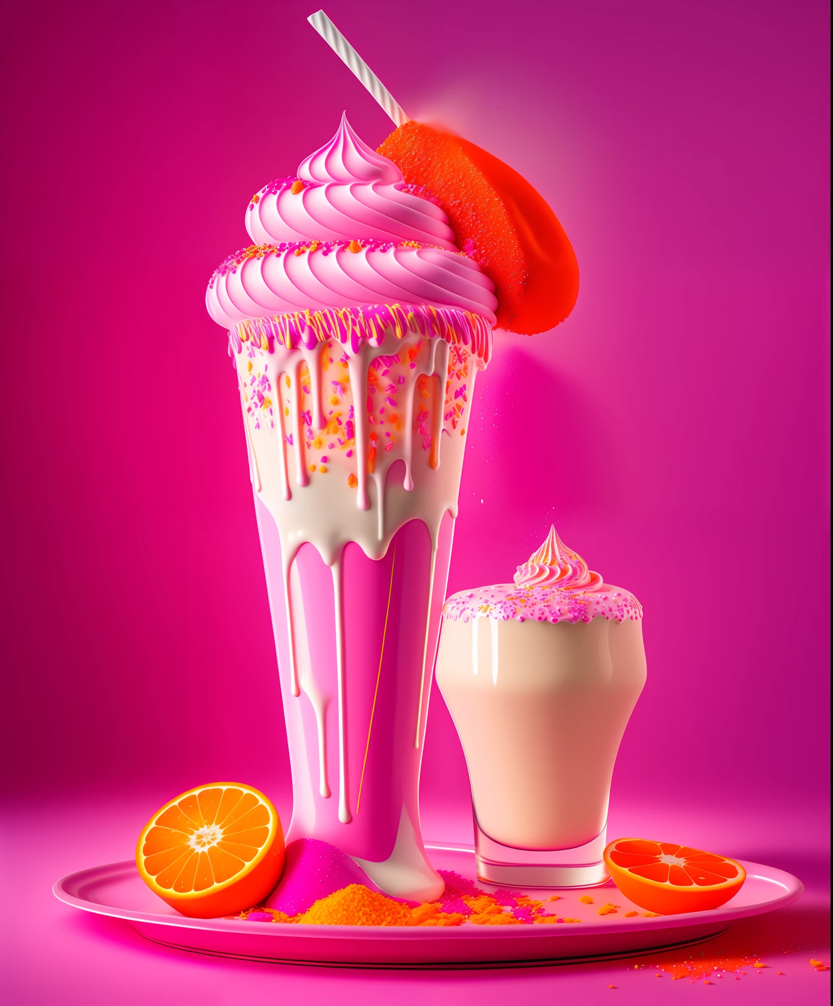 Exploding milk shakes, food splatter and icing, 8 k, photorealistic, intricate, elegant, hypermaximalist, pink, orange