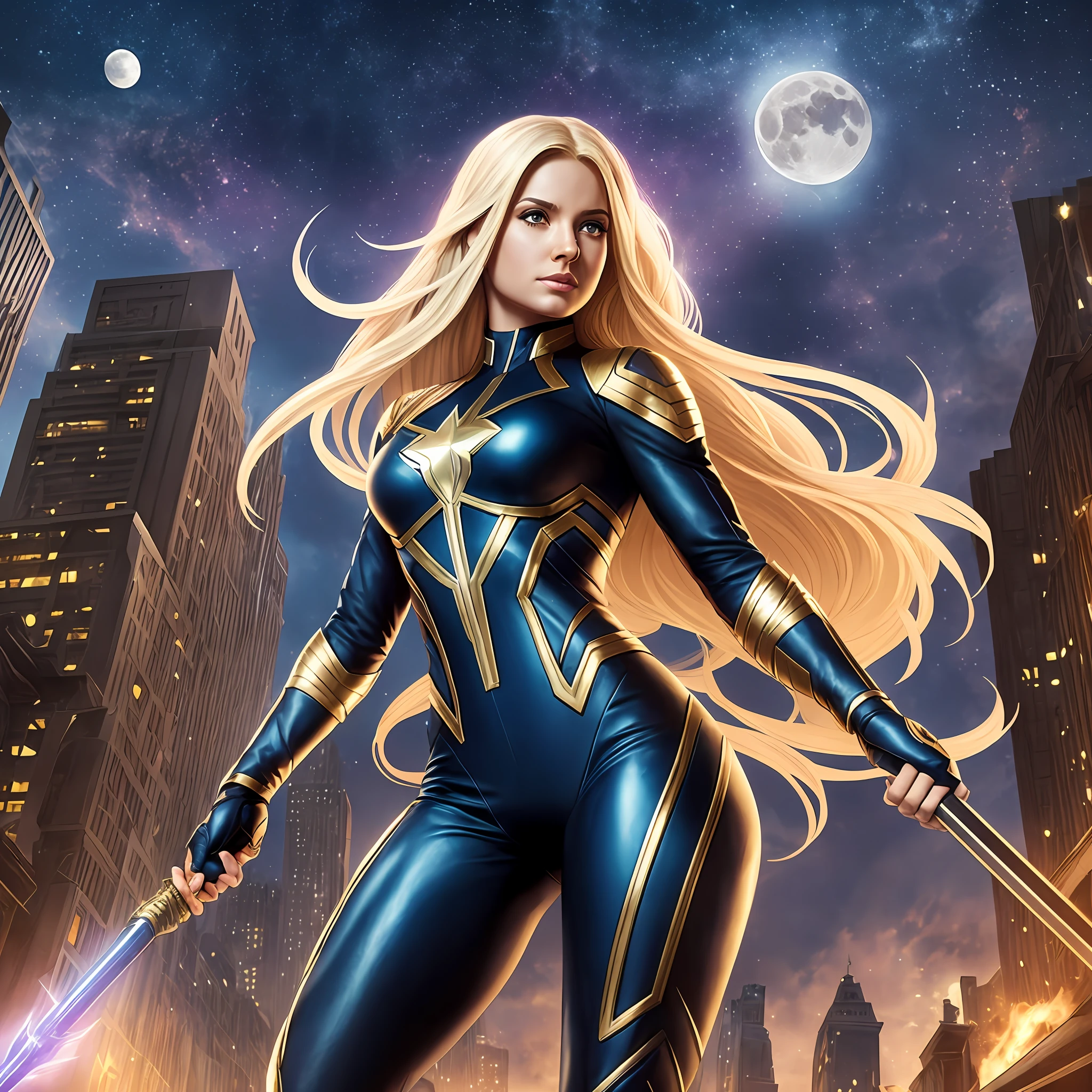 Marvel Superhero Female Portrait, Fantasy Art, Photo Realism, Dynamic Lighting, ArtStation, Poster, Volumetric Lighting, Very Detailed Faces, 4k, 1Girl, In the Dark, Deep Shadows, Understated, Full Body Shot, (Formal Wear: 1.4), Long Hair, Blonde Hair, Moon Knight Tight suit, High Rendering, Marvel Style, Set in Empty Street, Holding a Moon Scepter --auto --s2