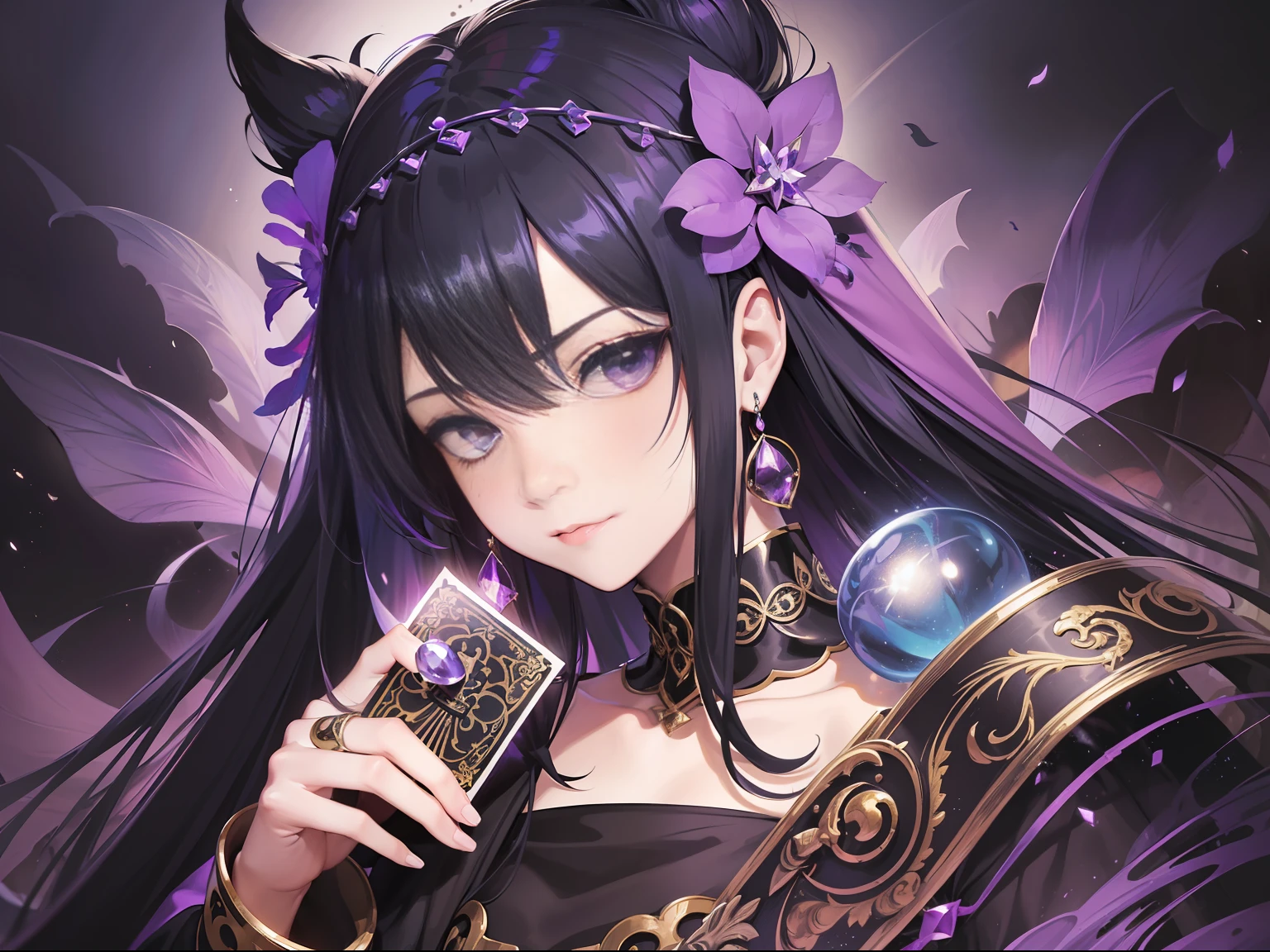 (Painting style: unique style +1.2) , (theme: mysterious divine power +1.2), free "stall" fairy, mysterious cape, purple flower head ring with bright black hair, mysterious black eyes looking at guests, mysterious atmosphere overflowing, mysterious whereabouts, inky background contrasts with fortune-telling cards, mysterious atmosphere. (Fortune teller: 1.1)