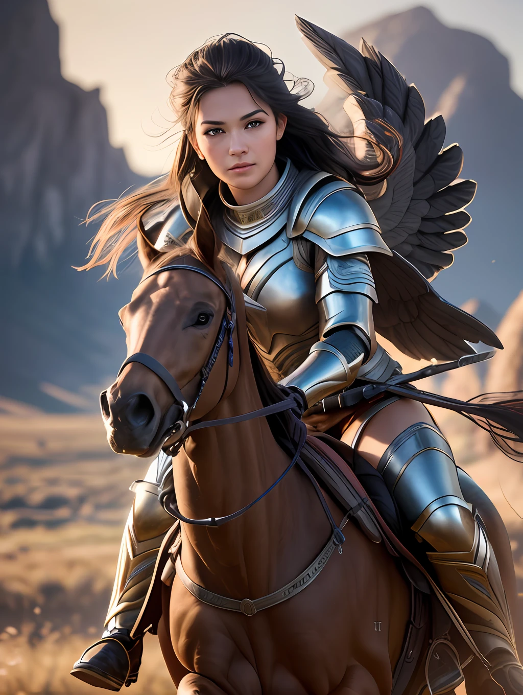 An ultrareakistic epic photography of a Valkyrie warrior on a horse riding into the battle, intense action, cinematic rim light, intense action, dynamic juxtaposition, young warrior, very high quality face, exploitable image, long windy hair, stylized dynamic folds, very rustic and beautiful woman, full focus, tiltshift, cinematic lighting, movie still, cinematic lighting, photograph, detailed symmetric realistic face, extremely detailed natural texture, peach fuzz, masterpiece, absurdres, nikon d850 film stock photograph, camera f1.6 lens, extremely detailed, amazing, fine detail, hyper realistic lifelike texture, dramatic lighting, unrealengine, cinestill 800 tungsten, looking at the viewer, RAW photo, high quality, highres, sharp focus, extremely detailed, 8k uhd.