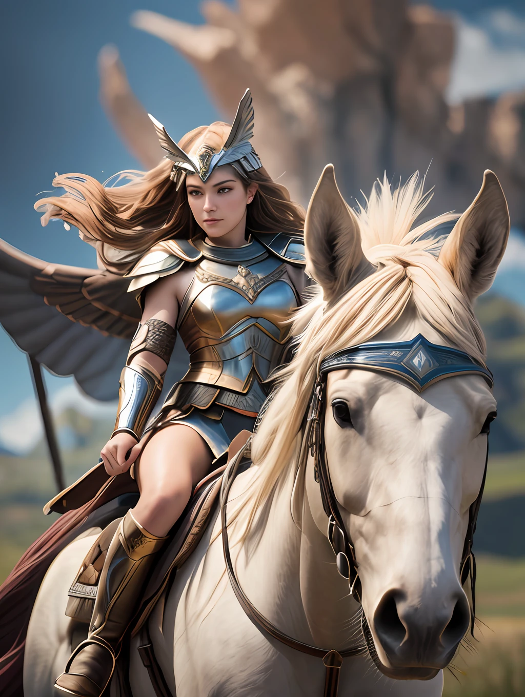 An ultrareakistic epic photography of a Valkyrie warrior on a horse riding into the battle, intense action, cinematic rim light, intense action, dynamic juxtaposition, young warrior, very high quality face, exploitable image, long windy hair, stylized dynamic folds, very rustic and beautiful woman, full focus, tiltshift, cinematic lighting, movie still, cinematic lighting, photograph, detailed symmetric realistic face, extremely detailed natural texture, peach fuzz, masterpiece, absurdres, nikon d850 film stock photograph, camera f1.6 lens, extremely detailed, amazing, fine detail, hyper realistic lifelike texture, dramatic lighting, unrealengine, cinestill 800 tungsten, looking at the viewer, RAW photo, high quality, highres, sharp focus, extremely detailed, 8k uhd.