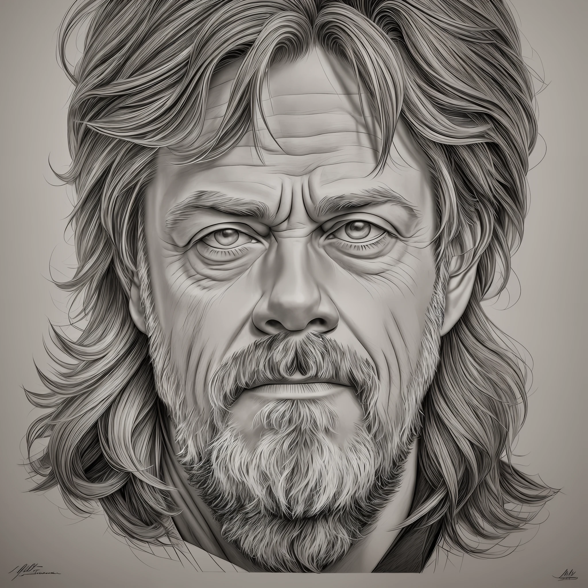 Pencil drawing by Justin Maas, Mark Hamill drawing detailed illustration portrait, portrait illustration, Mark Hammil portrait, detailed portrait, three-quarter portrait, head portrait, David Noren, NFT portrait, high quality portrait, A0 portrait, professional portrait drawing, Pixar, 16k, 16k, high details, award winning, best quality, anatomically correct, textured skin, UHD --auto --s2