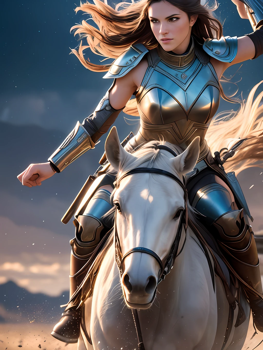 An ultrareakistic epic photography of a Valkyrie warrior on a horse riding into the battle, intense action, cinematic rim light, intense action, dynamic juxtaposition, young warrior, very high quality face, exploitable image, long windy hair, stylized dynamic folds, very rustic and beautiful woman, full focus, tiltshift, cinematic lighting, movie still, cinematic lighting, photograph, detailed symmetric realistic face, extremely detailed natural texture, peach fuzz, masterpiece, absurdres, nikon d850 film stock photograph, camera f1.6 lens, extremely detailed, amazing, fine detail, hyper realistic lifelike texture, dramatic lighting, unrealengine, cinestill 800 tungsten, looking at the viewer, RAW photo, high quality, highres, sharp focus, extremely detailed, 8k uhd.