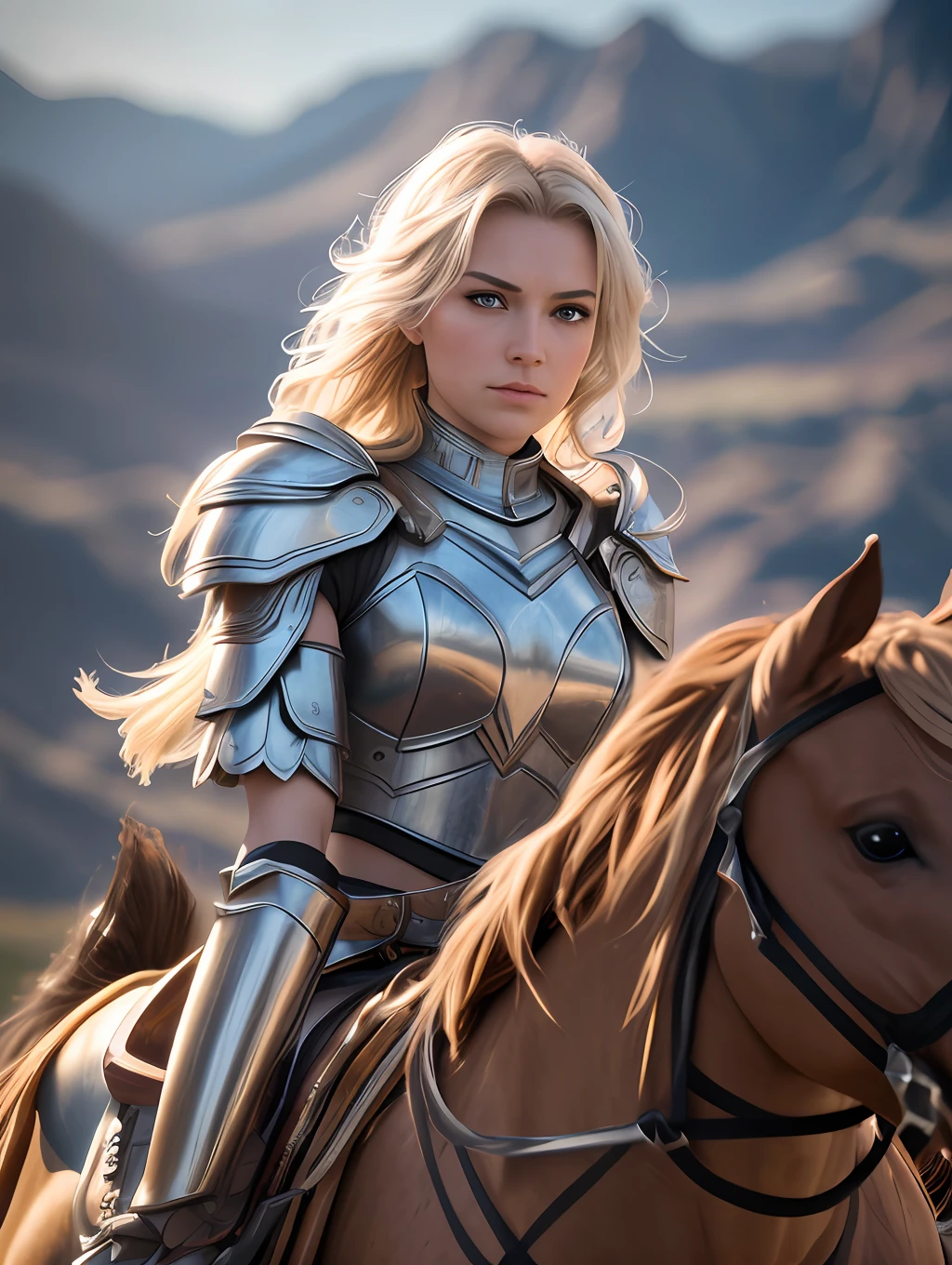 An ultrareakistic epic photography of a Valkyrie warrior on a horse riding into the battle, intense action, cinematic rim light, intense action, dynamic juxtaposition, young warrior, very high quality face, exploitable image, long windy hair, stylized dynamic folds, very rustic and beautiful woman, full focus, tiltshift, cinematic lighting, movie still, cinematic lighting, photograph, detailed symmetric realistic face, extremely detailed natural texture, peach fuzz, masterpiece, absurdres, nikon d850 film stock photograph, camera f1.6 lens, extremely detailed, amazing, fine detail, hyper realistic lifelike texture, dramatic lighting, unrealengine, cinestill 800 tungsten, looking at the viewer, RAW photo, high quality, highres, sharp focus, extremely detailed, 8k uhd.