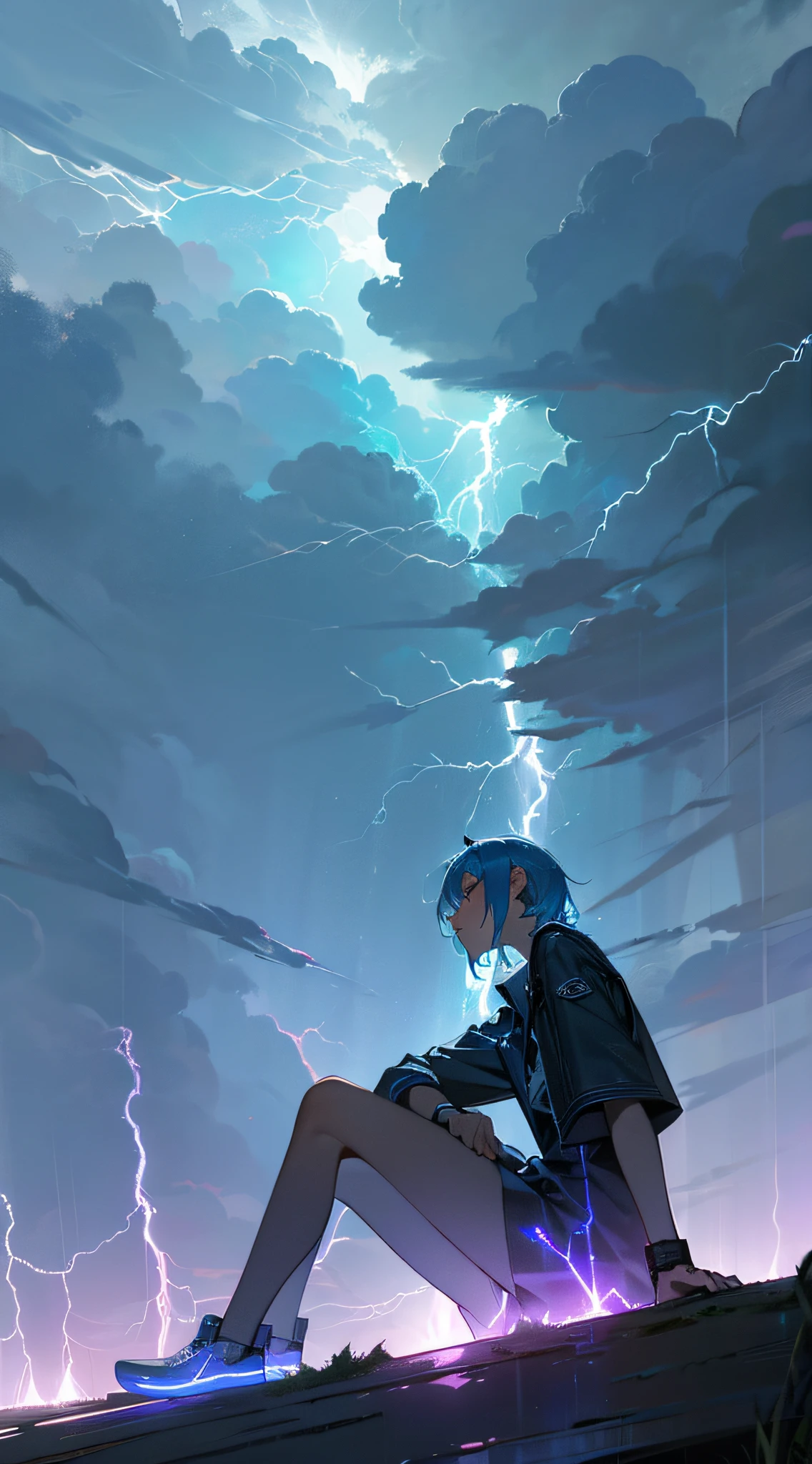 A blue-haired teenager sitting cross-legged on the ground, lightning storm, beautiful lightning, detailed lighting and thunder, lightning, lightning, amazing lightning, lightning storm, dramatic lightning, bad weather storm, beautiful lightning, thunderstorm, dramatic lightning, lightning, lightning dark storm, large lightning storm, crazy lightning, contrast lightning
