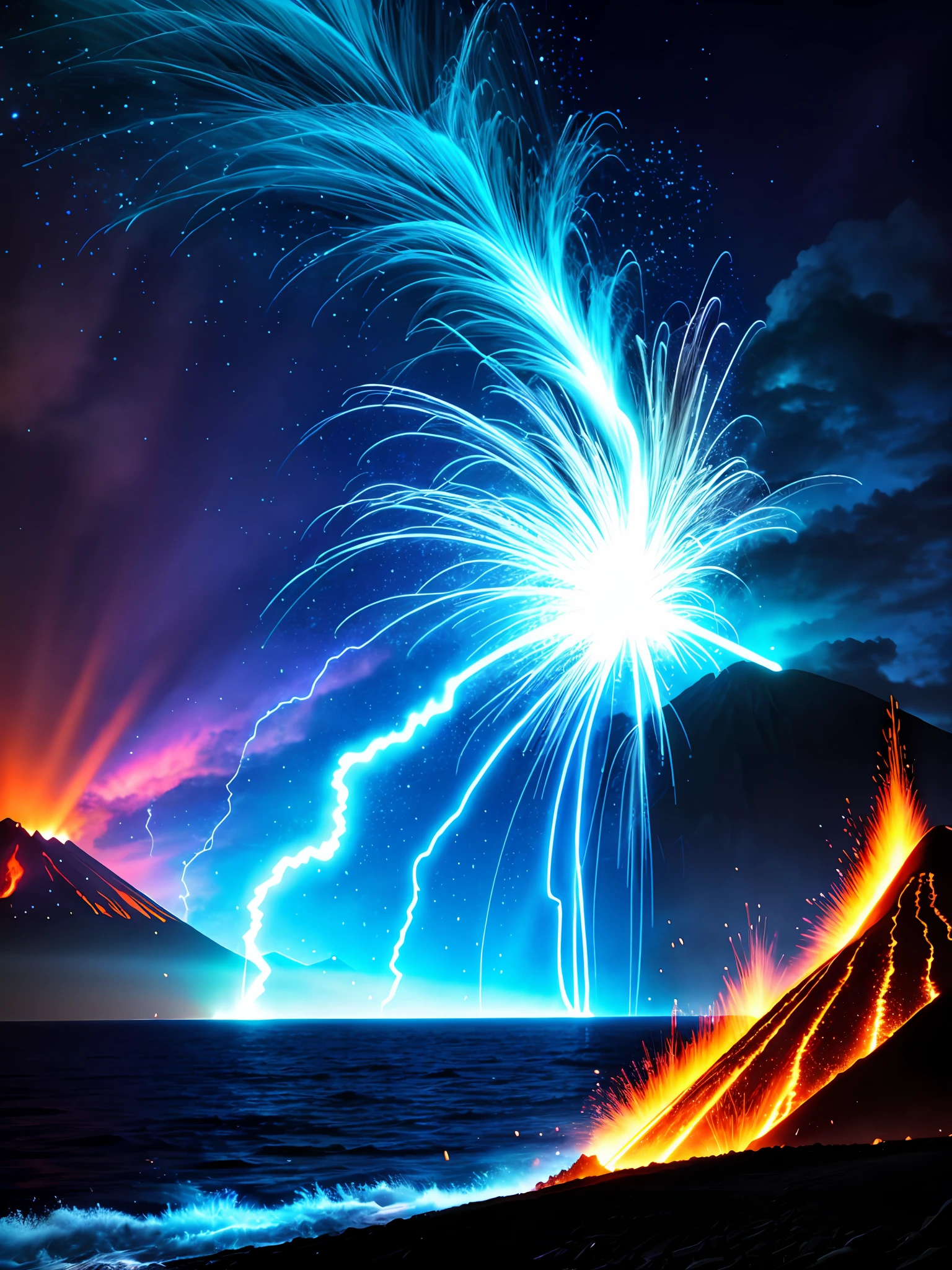 dramatic sky, blue lightning Style: masterpiece, best quality, 8k, sharp focus, realistic, ((Detailed)), ((Dynamic pose)), ((Good Highlights)), (Perfect Proportions), (dynamic), (intricate), (complimentary colors), good perspective, (Professional), (Award winning)
ADDCOMM
volcanic island background
Red flame, soft particles, explosion
BREAK
green flame, soft particles, explosion
BREAK
blue  flame, soft particles, explosion
volcanic island background