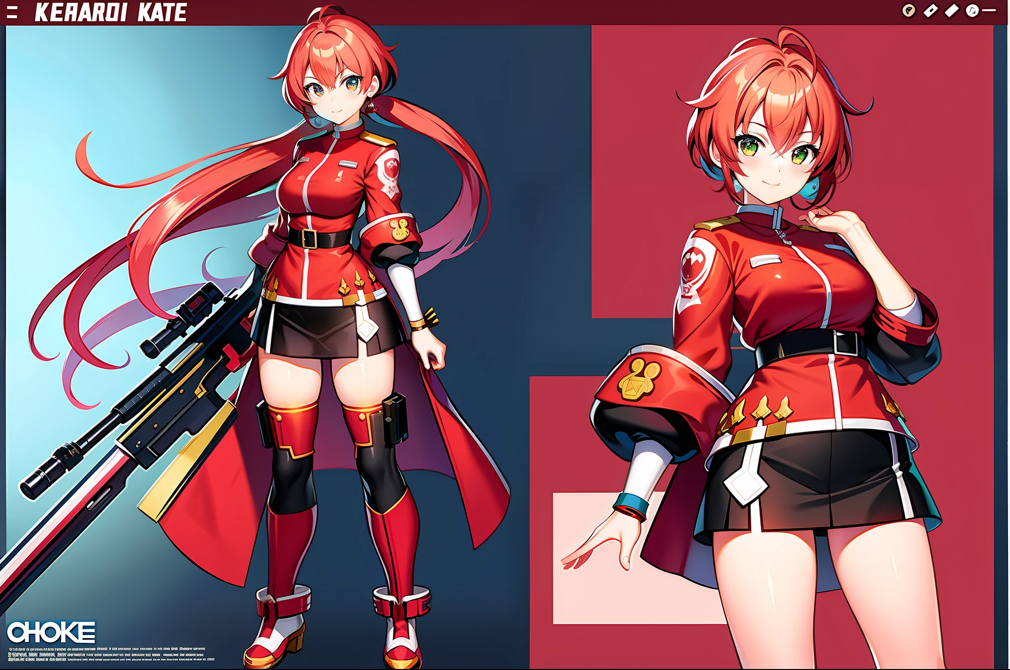masterpiece,(best quality)anime girl in a red and white uniform with a gun, cushart krenz, female protagonist 👀 :8, cushart kenz, female magical anime girl, sakura kinomoto, guilty gear art style, anime character design, female anime character, anime style character, katana zero video game character, sakura haruno, fullbody ( ( character concept art ) )