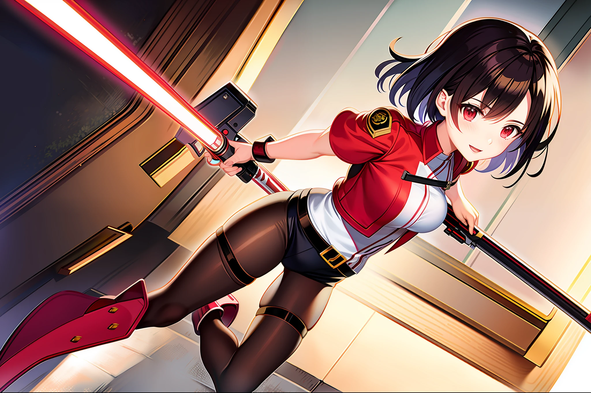 masterpiece,(best quality)anime girl in a red and white uniform with a gun, cushart krenz, female protagonist 👀 :8, cushart kenz, female magical anime girl, sakura kinomoto, guilty gear art style, anime character design, female anime character, anime style character, katana zero video game character, sakura haruno, fullbody ( ( character concept art ) )