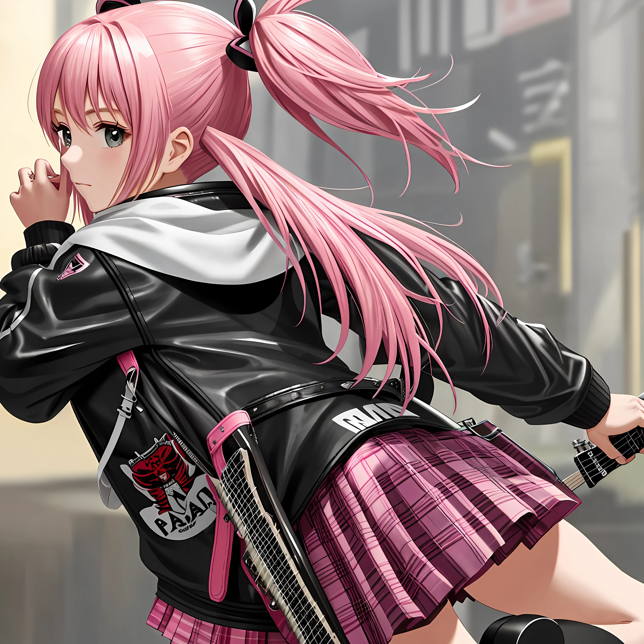 Band Girl Pink Hair Guitar Drums Twin Tails Leather Jacket Best Quality Ultra High Definition 8K Beautiful Girl