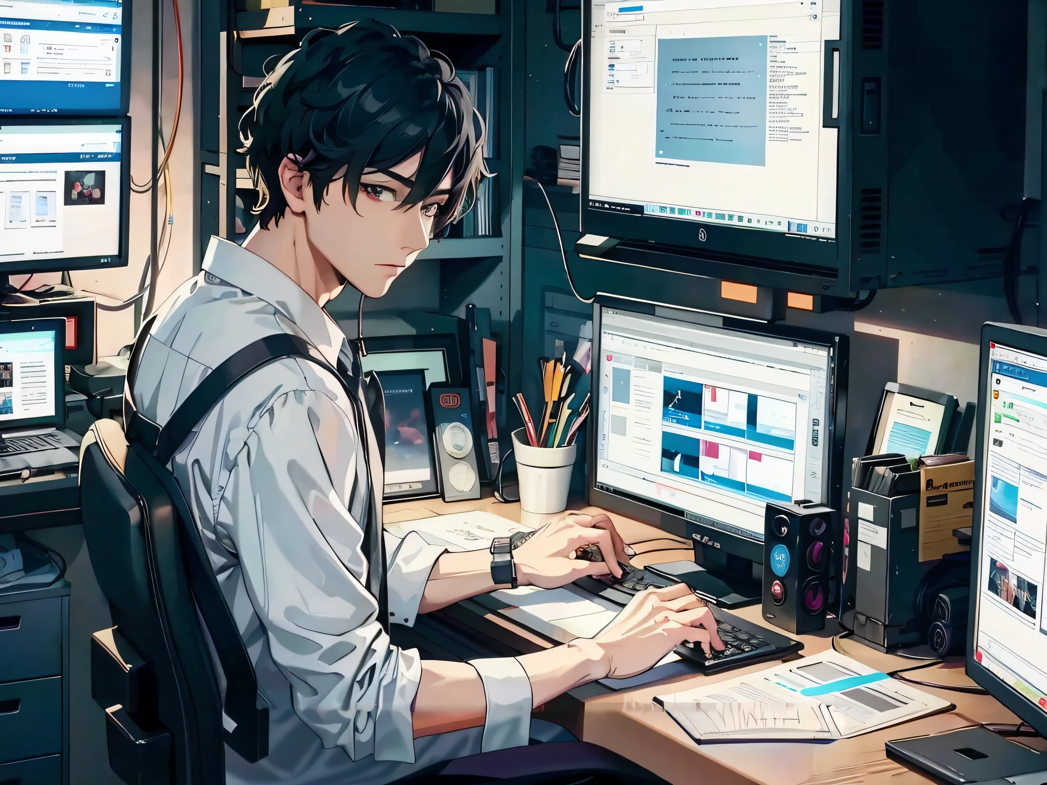 anime guy sitting at a desk with a laptop and a monitor, high quality anime artstyle, anime style 4 k, 4k anime wallpaper, sitting at his desk, digital anime illustration, detailed digital anime art, young anime man, digital anime art, modern anime style, anime wallaper, kawacy, handsome anime pose, male anime style, anime art wallpaper 4k