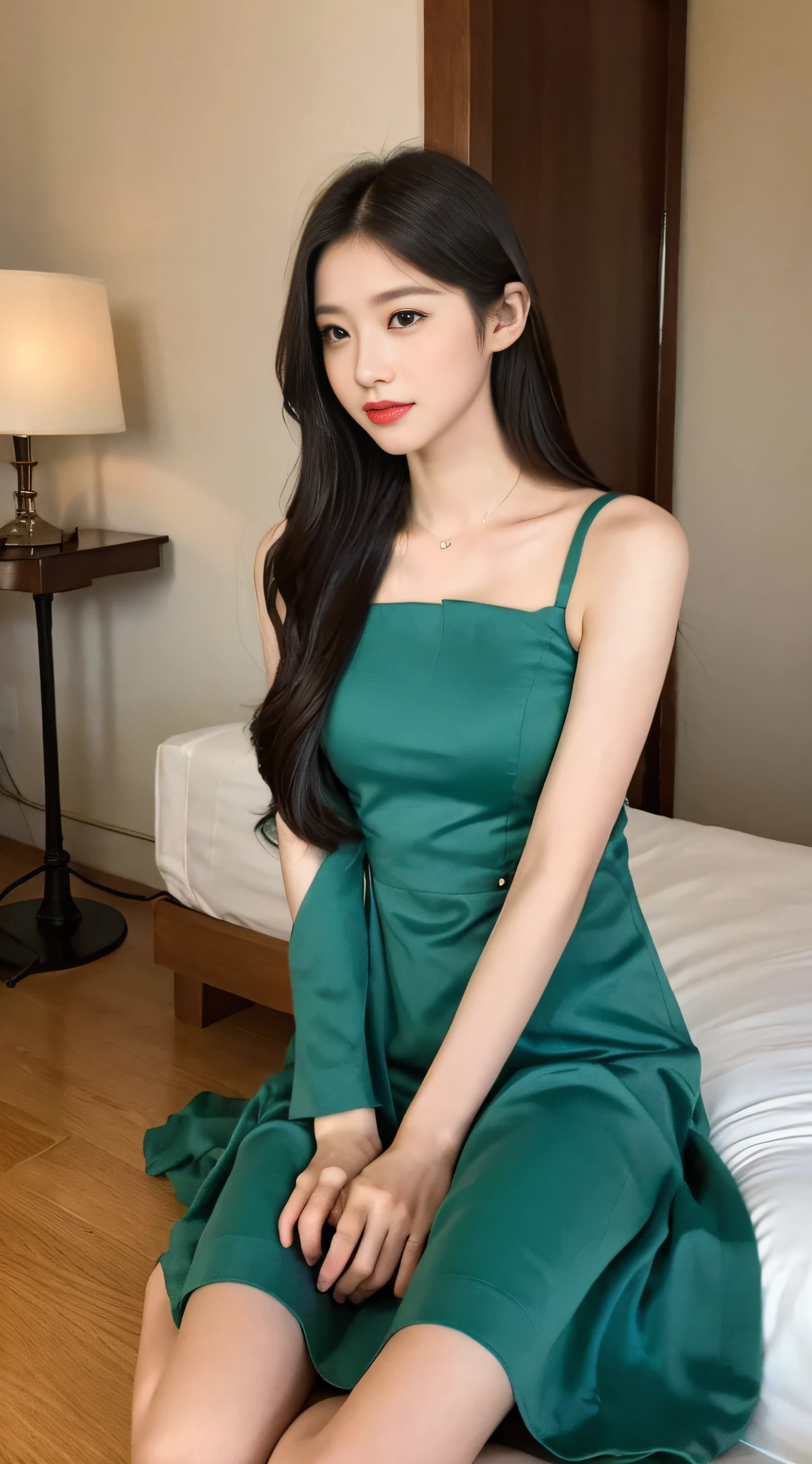 (1girl:1.2), sleeping on a large bed next to the floor-to-ceiling window, woman in a fluent modal dress, complementary colors, elegant temperament, elegant intellectual feeling, high image quality, long hair, fine skin texture and cloth texture, detailed eyes, detailed long eyelashes, double eyelids, portrait photography, focal length 85 mm, aperture F1.2, God's perspective, realism, quiet and good times,