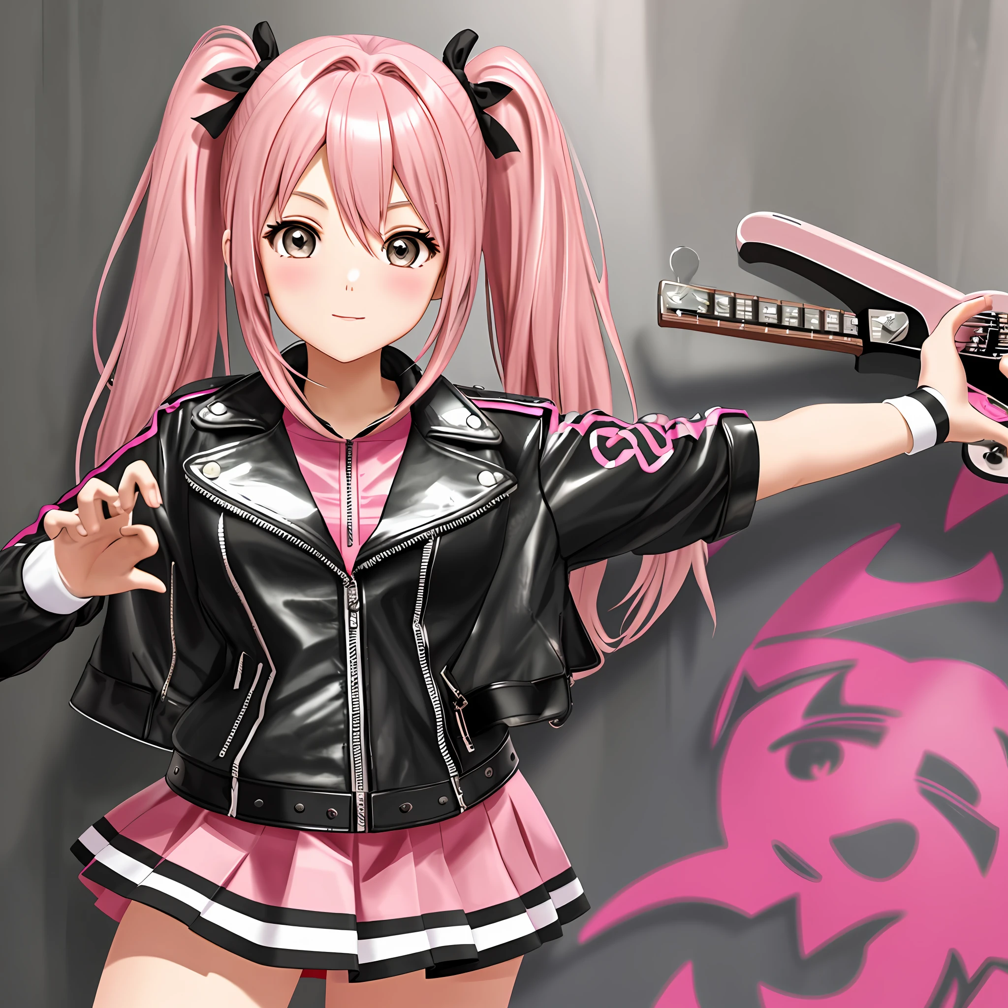 Band Girl Pink Hair Guitar Drums Twin Tails Leather Jacket Best Quality Ultra High Definition 8K Beautiful Girl