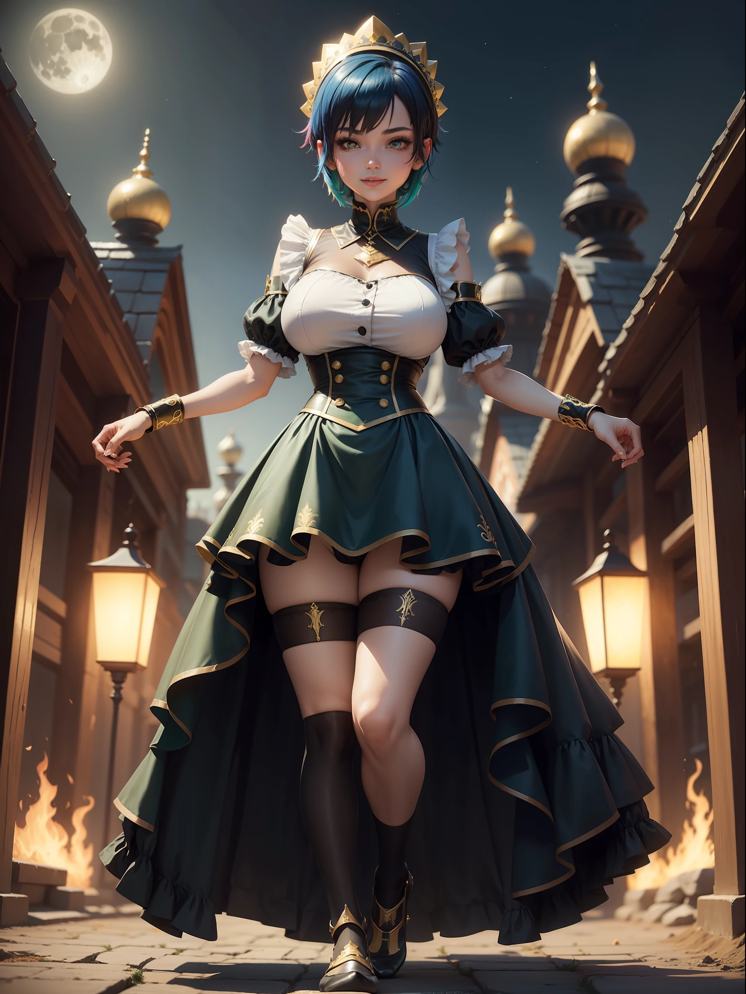 Full body photo, standing, standing on the ground, Naiara has giant breasts, (black with gold pieces/maid's outfit with skirt and socks), smile, face with red cheek, she is alone in an amusement park at night with full moon in the sky, she wearing maid's headdress, she has ((short blue hair, green eyes)),  closed cuffs, best resolution, ultra detailed, anime style, masterpiece, 16k, UHD, textured skin, anatomically correct, ccurate