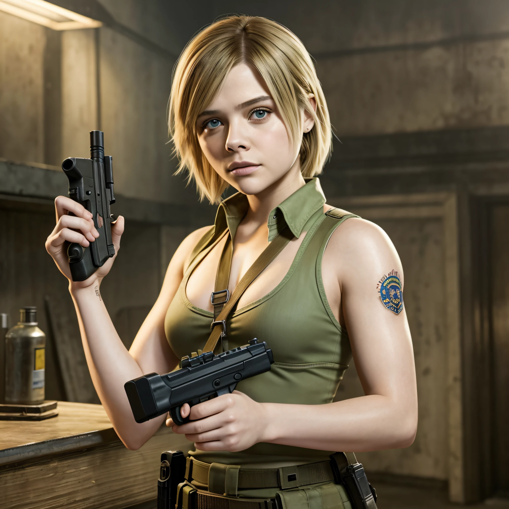 Chloe Grace Moretz, Sherry Birkin of Resident Evil, holding a gun --auto --s2