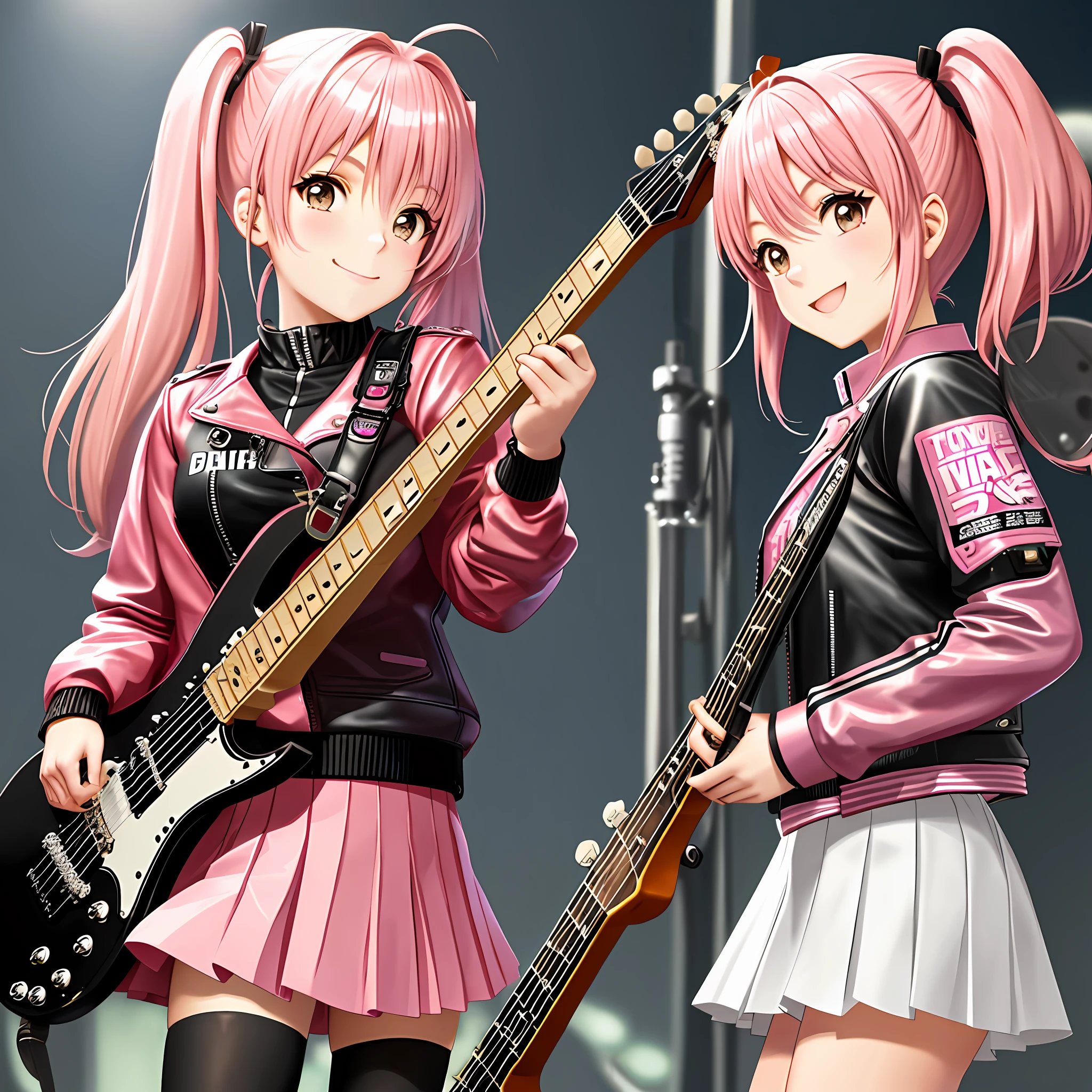 Band Girl Pink Hair Guitar Drum Twin Tails Leather Jacket Best Quality Ultra High Definition 8K Beautiful Girl Smile