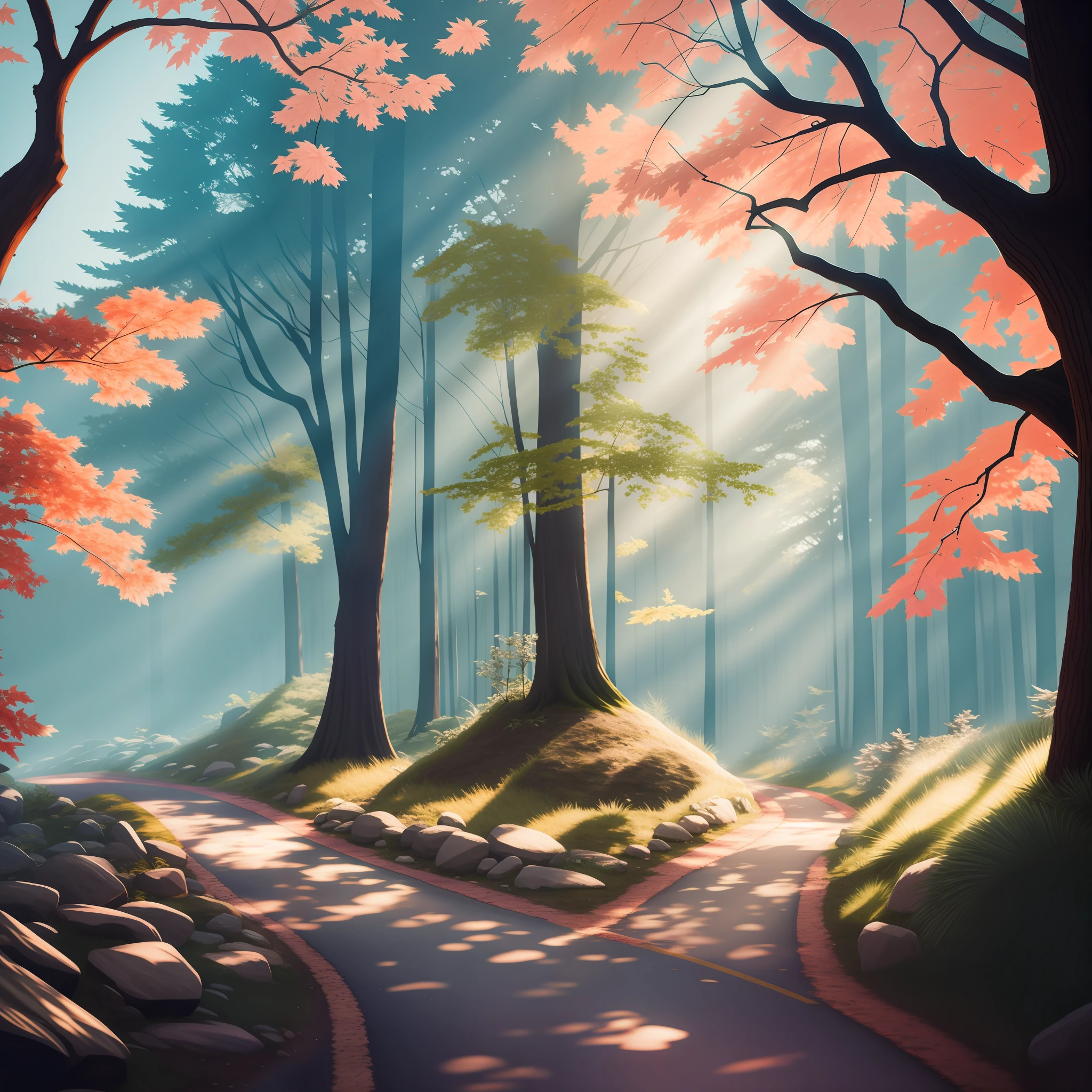 (Road in the Forest #1.2, Cyril Rolandor Style: 1.3, M.W. Caluta Style: 1.2, El Bosco and Dan Mumford Style: 1.1, Beautiful Art: 1.1, Detailed and Detailed Drawing, 4K Resolution #1.2, Beautiful Natural Environment, Dynamic Light and Shadow: 1.2, Natural Style, Delicate Light and Shadow #1.2)