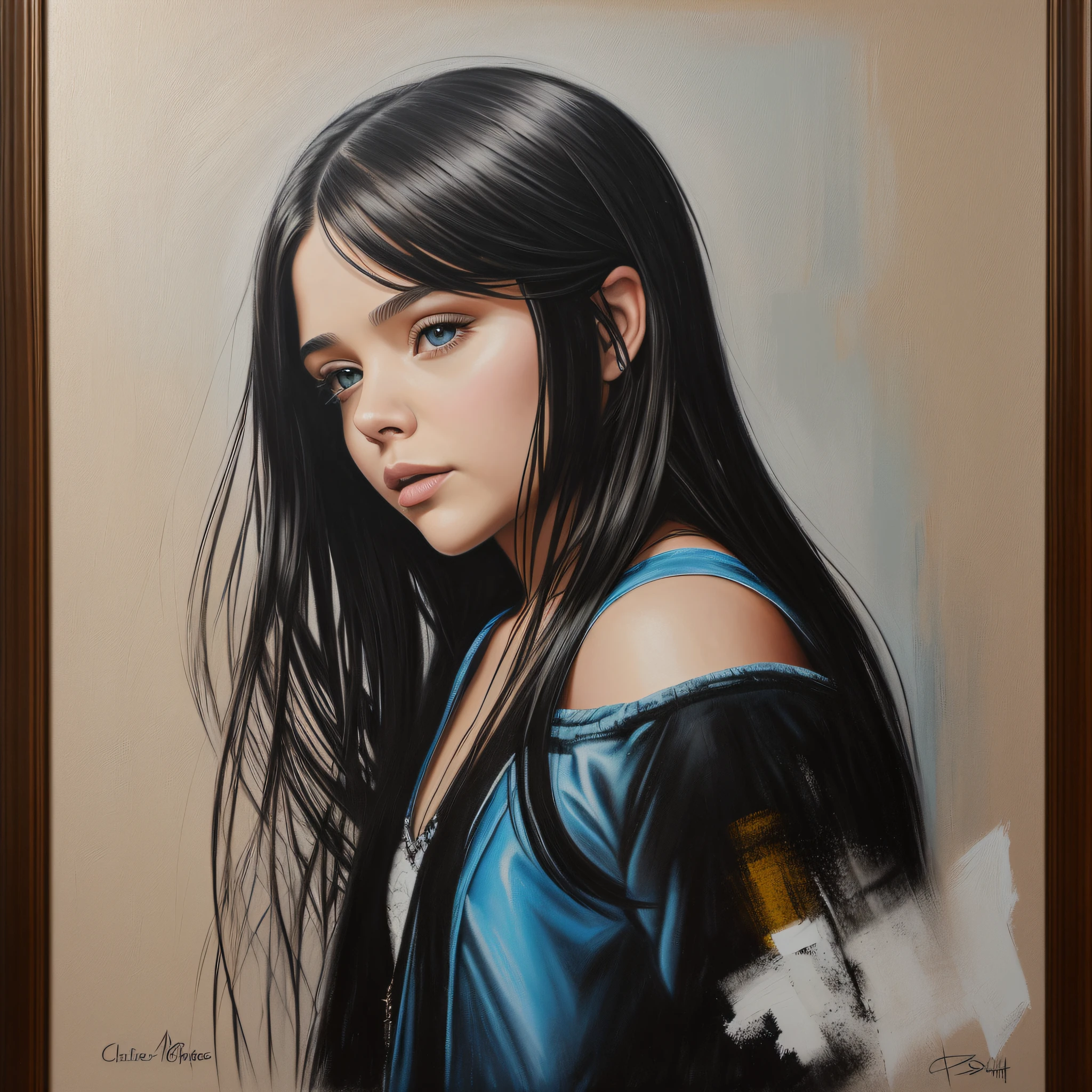 Chloe Grace Moretz, long black hair, tele kinesis, realistic painting