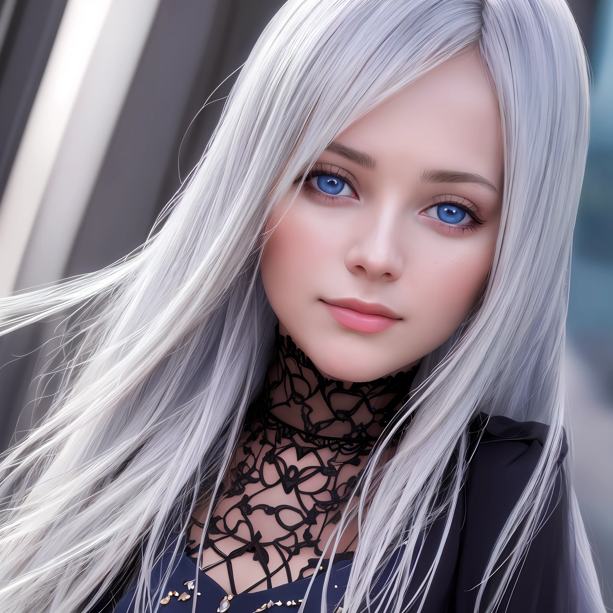 best quality, masterpiece, high_res, 1girl, Beautiful face, (blue eyes), (white hair), (photo realistic:1.3), rim lighting, (high detailed skin:1.2), 8k uhd, dslr, high quality, high resolution, 4k, 8k, Bokeh,  absurdres, ponytail, best ratio four finger and one thumb, (realistic:1.2),