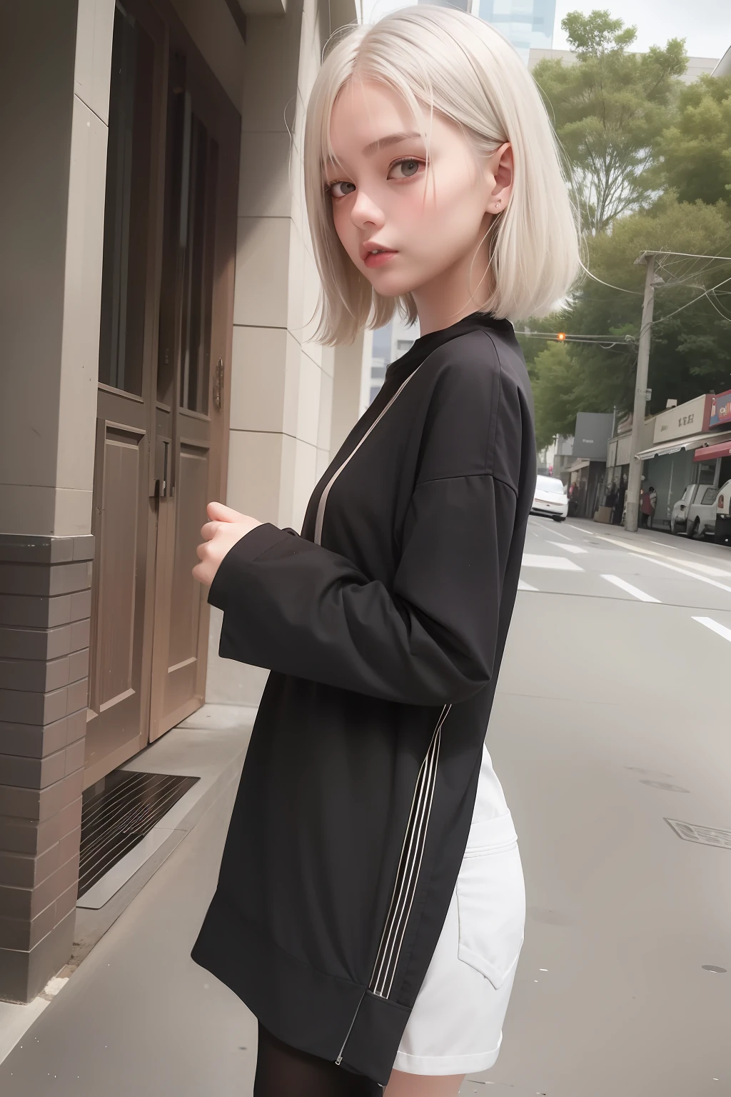 18-year-old woman, thin, white-haired, dark haired, dark eyes, sexy, showing the four-year-old