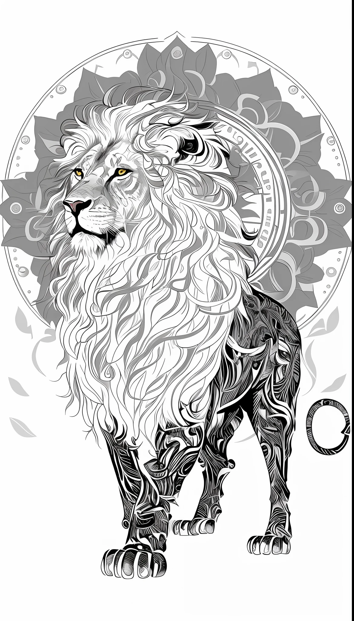 Line art, black & white, beautiful 1lion, white background by J Scott Campbell